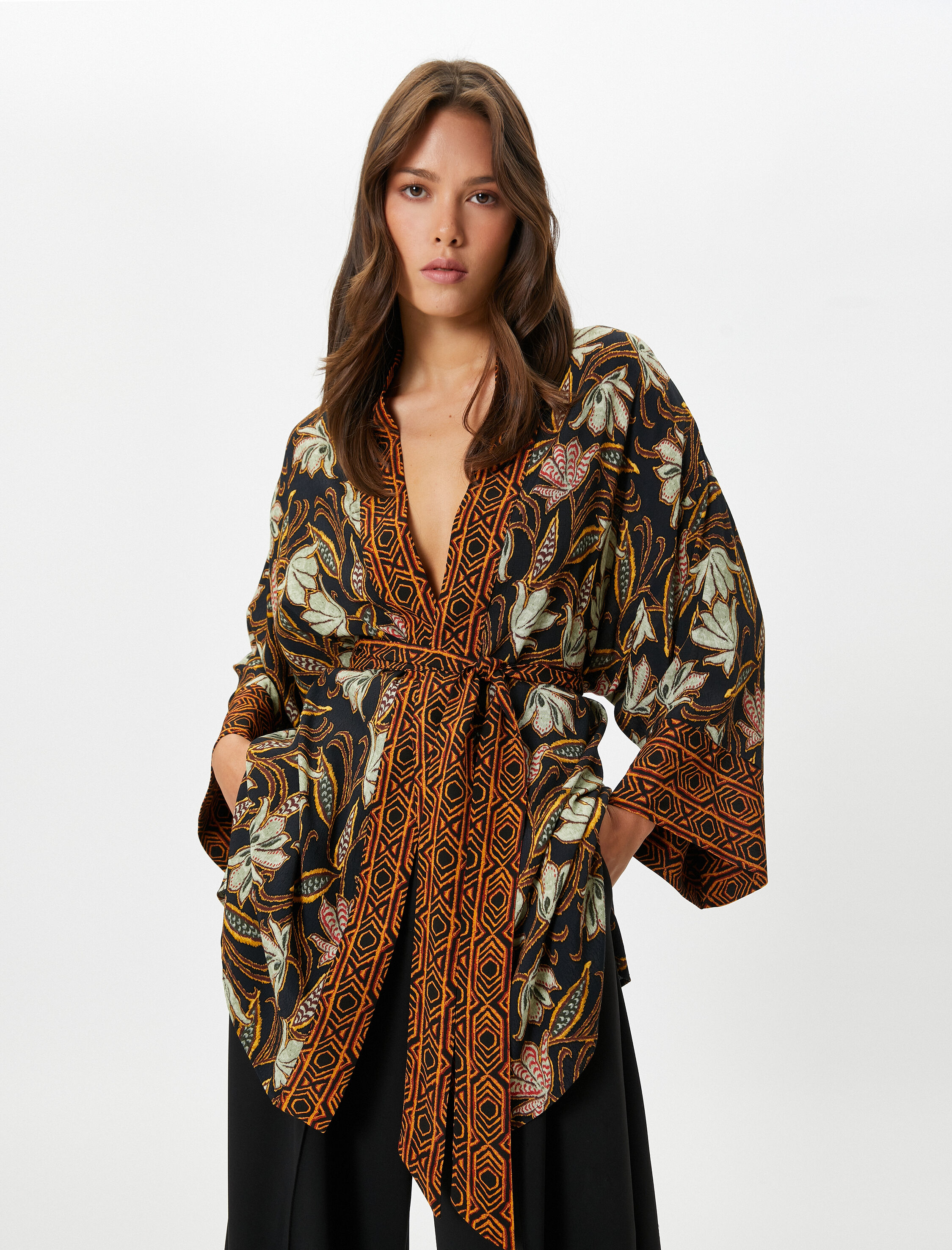   Etnik Desenli Kimono Viskon Geniş Kollu Beli Kuşaklı