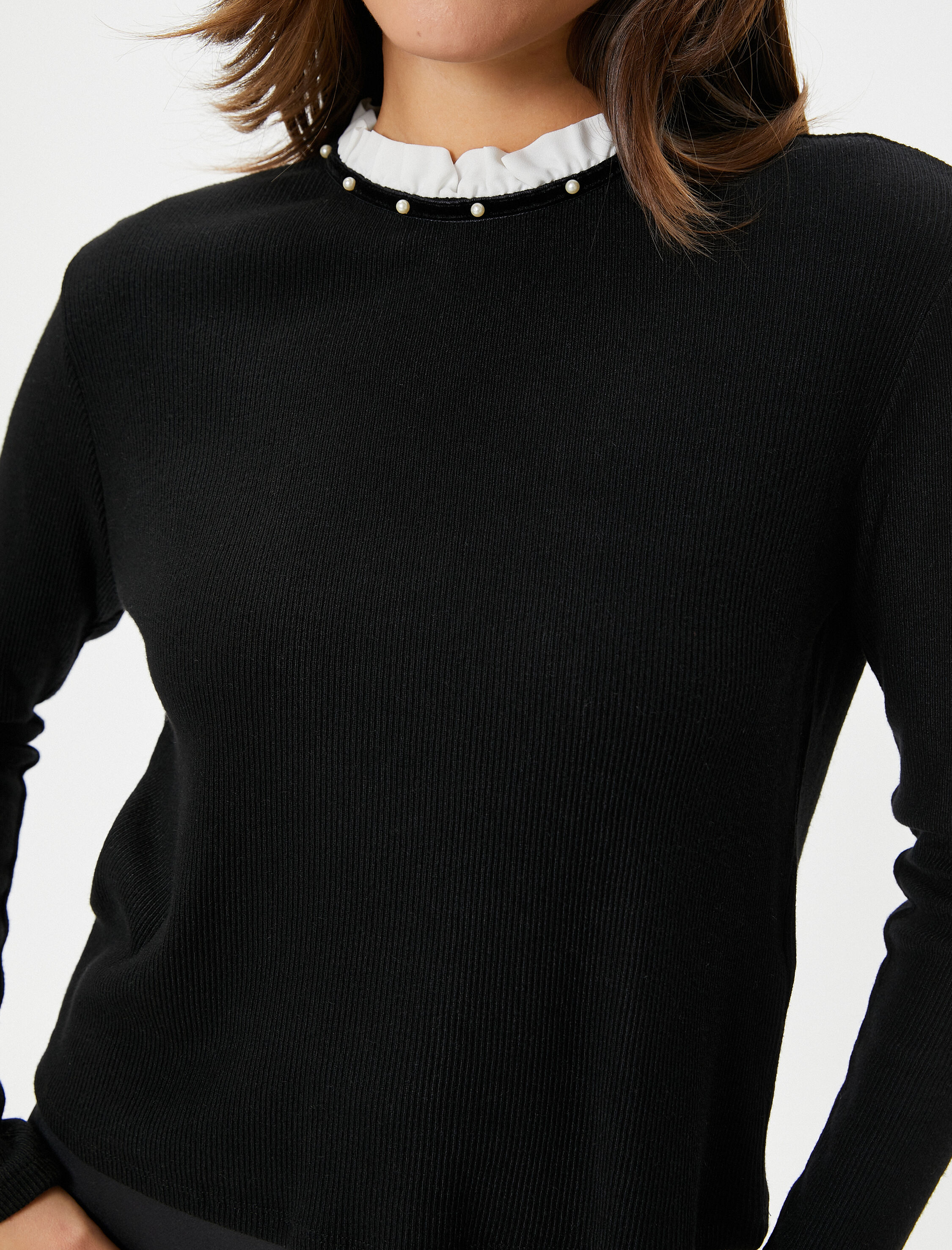   İncili Kazak Fırfırlı Yaka Fitilli Uzun Kollu