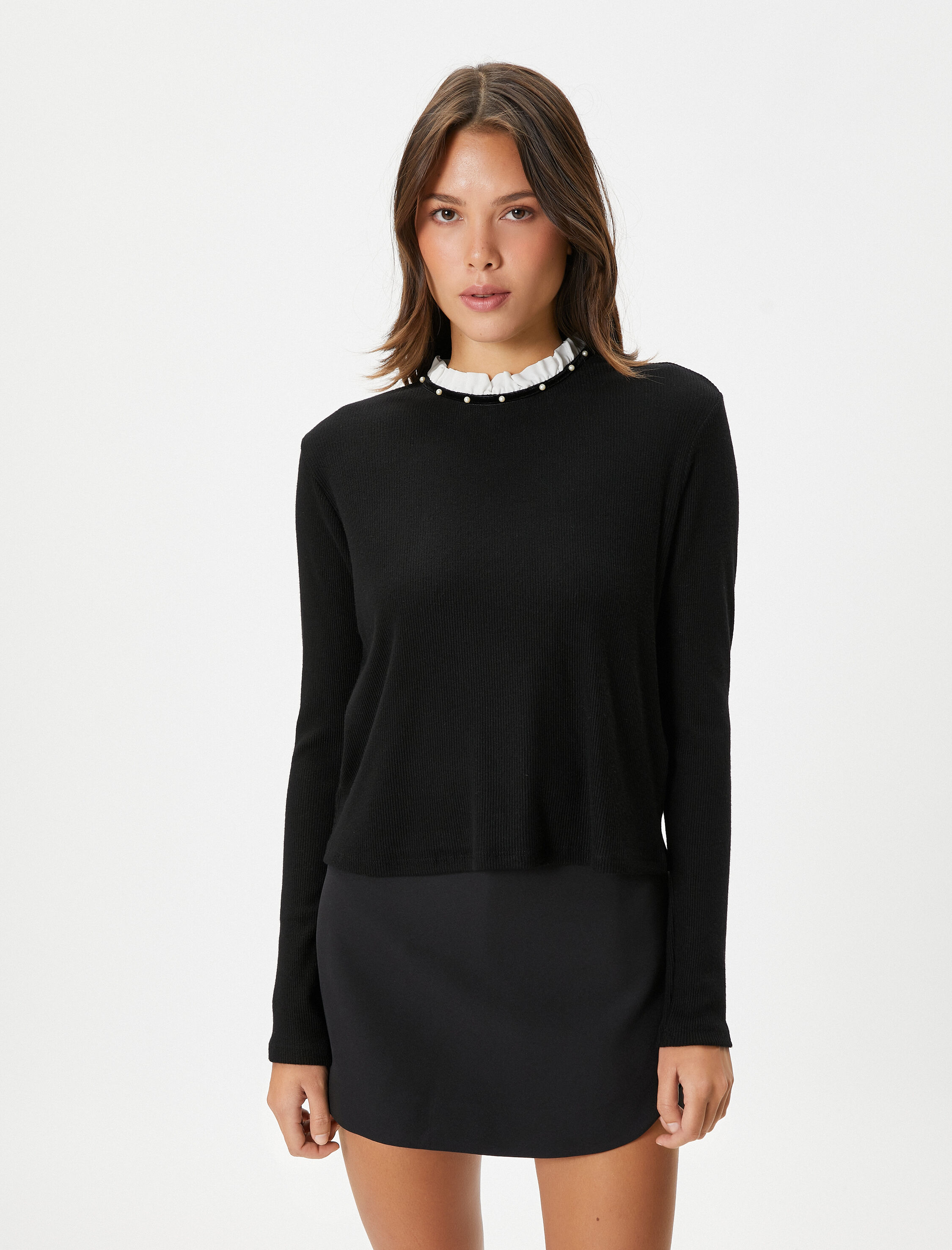   İncili Kazak Fırfırlı Yaka Fitilli Uzun Kollu