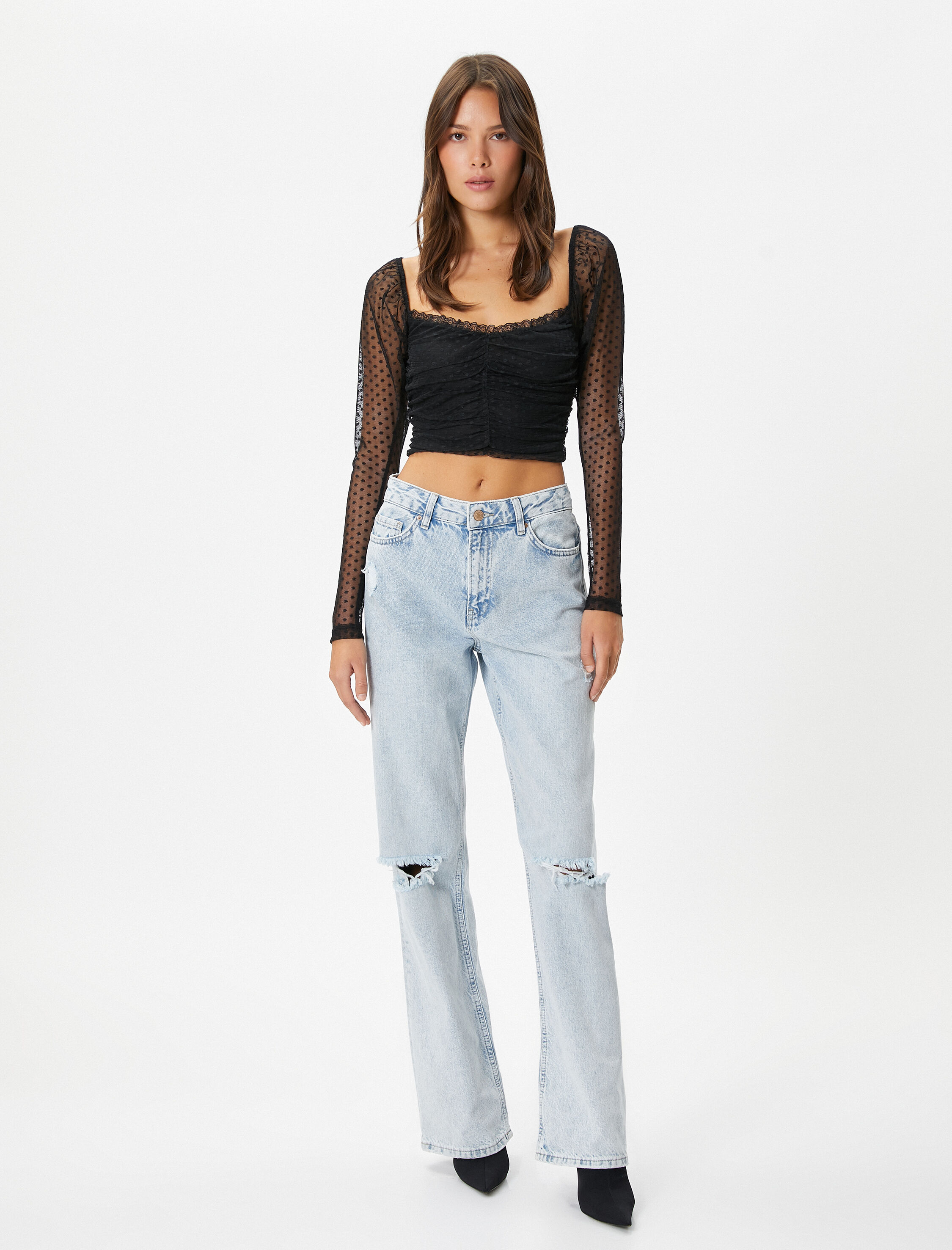   Crop Dantelli Bluz Kare Yaka Drapeli Slim Fit