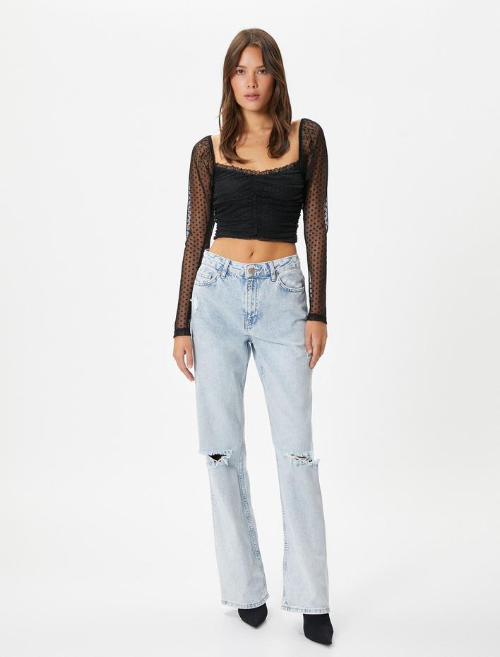  Crop Dantelli Bluz Kare Yaka Drapeli Slim Fit