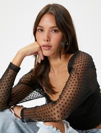 Crop Dantelli Bluz Kare Yaka Drapeli Slim Fit