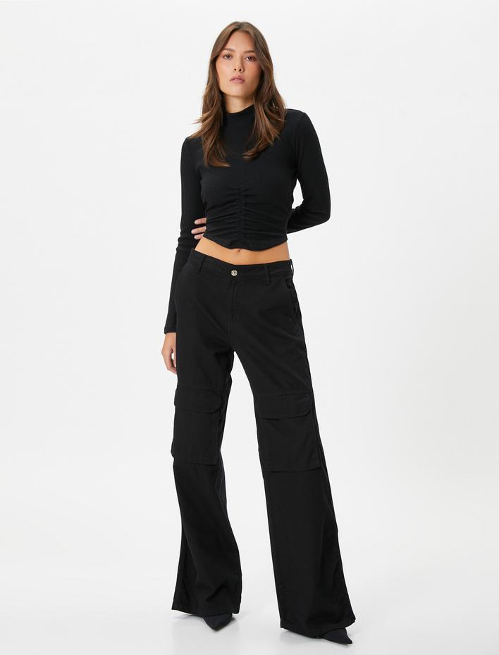  Crop Tişört Uzun Kollu Yarım Balıkçı Yaka Büzgülü Slim Fit