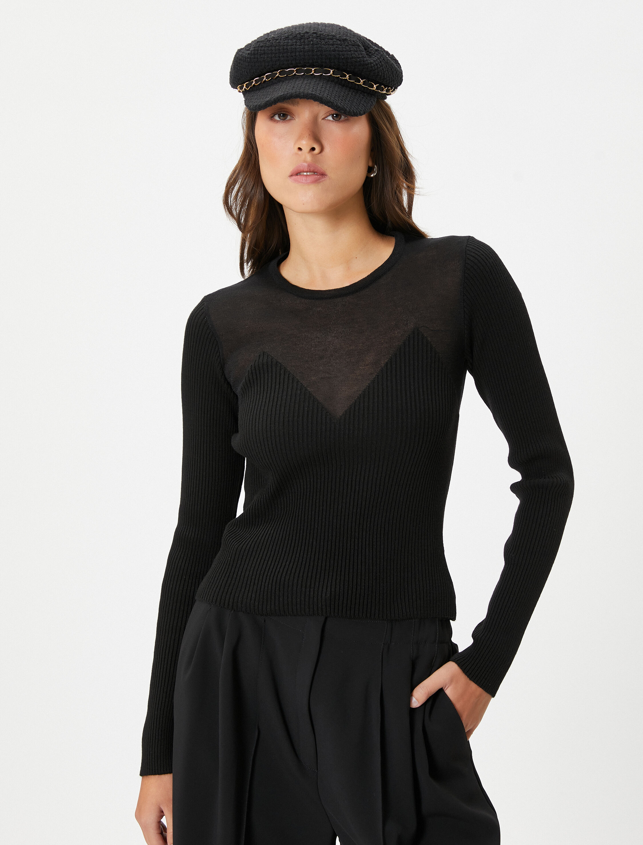   Triko Kazak Tül Detaylı Bisiklet Yaka Fitilli