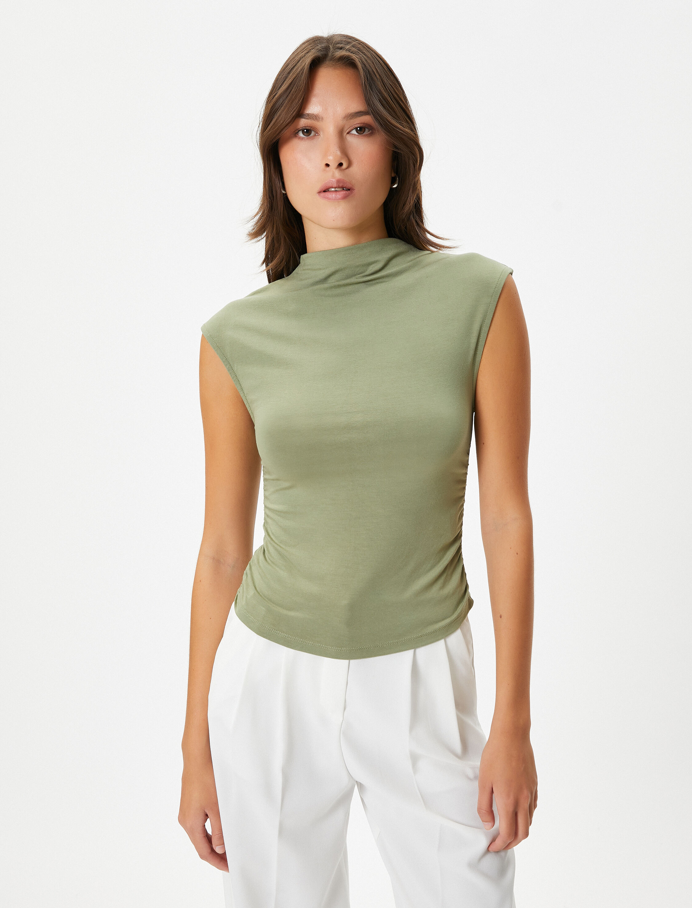   Kısa Kollu Üst Dik Drape Yaka Slim Fit