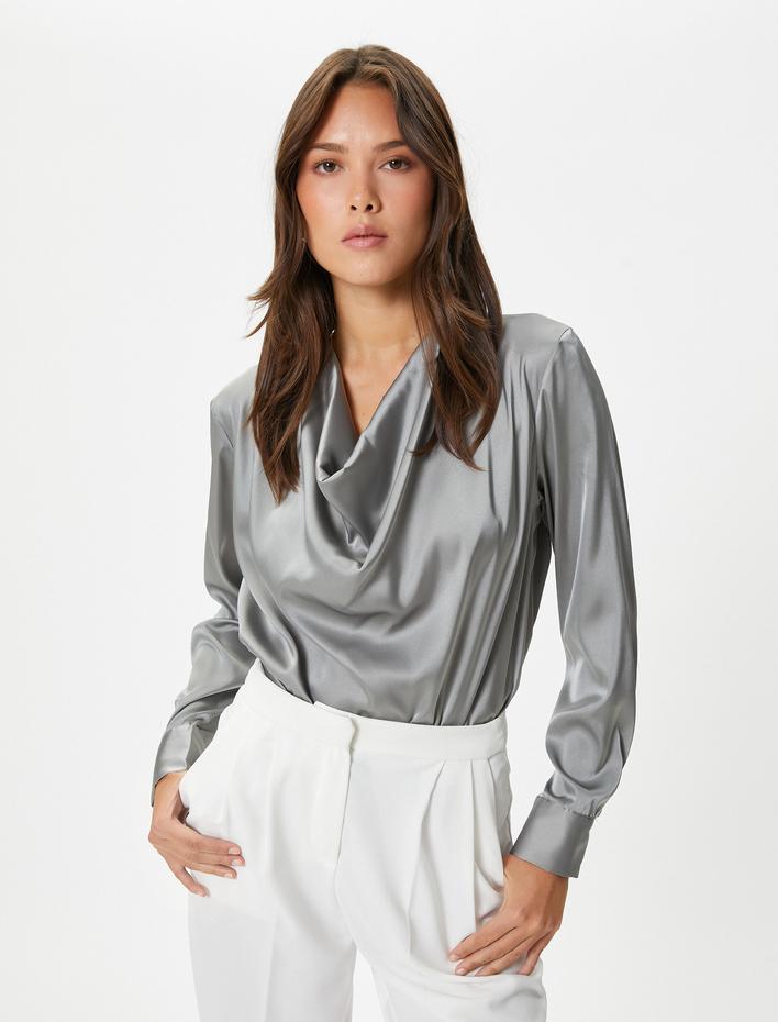  Saten Bluz Drape Yaka Uzun Kollu