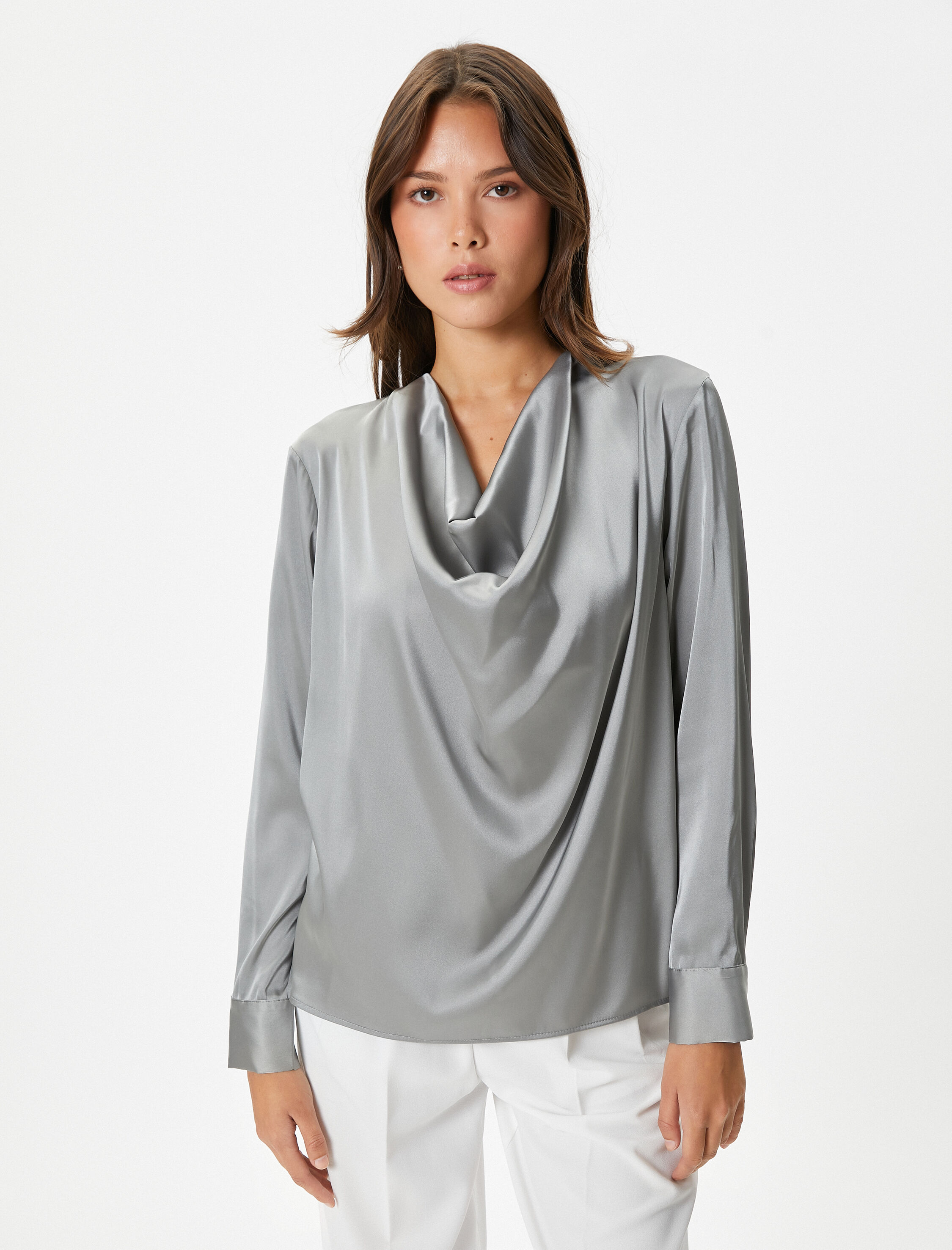   Saten Bluz Drape Yaka Uzun Kollu