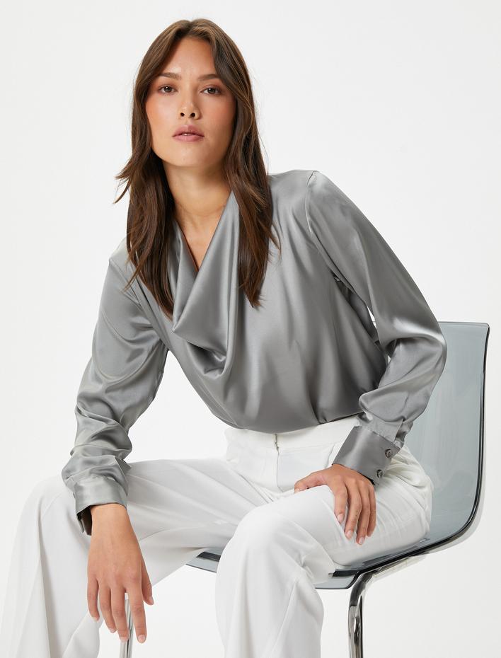  Saten Bluz Drape Yaka Uzun Kollu