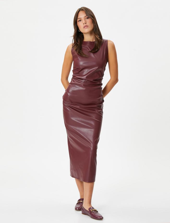  Suni Deri Elbise Midi Kolsuz Bisiklet Yaka Slim Fit