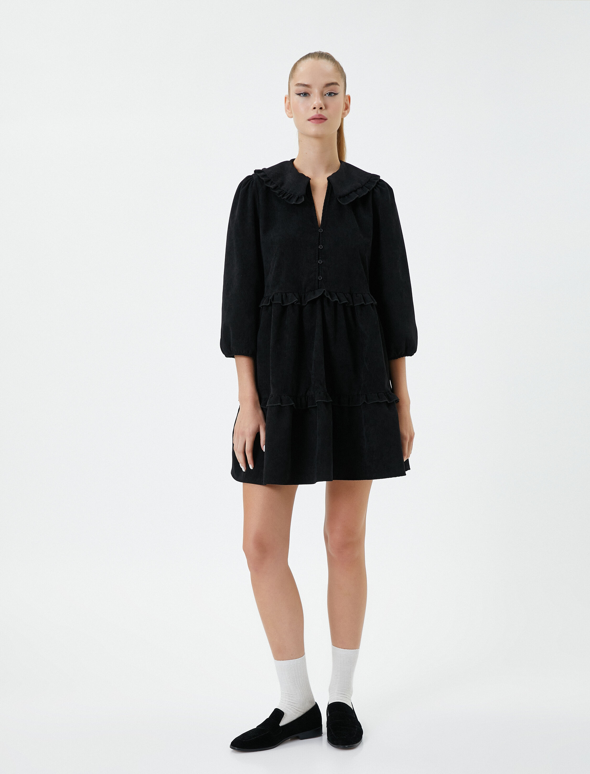   Fitilli Kadife Mini Elbise 3/5 Kol Bebe Yaka Fırfır Detaylı Katlı