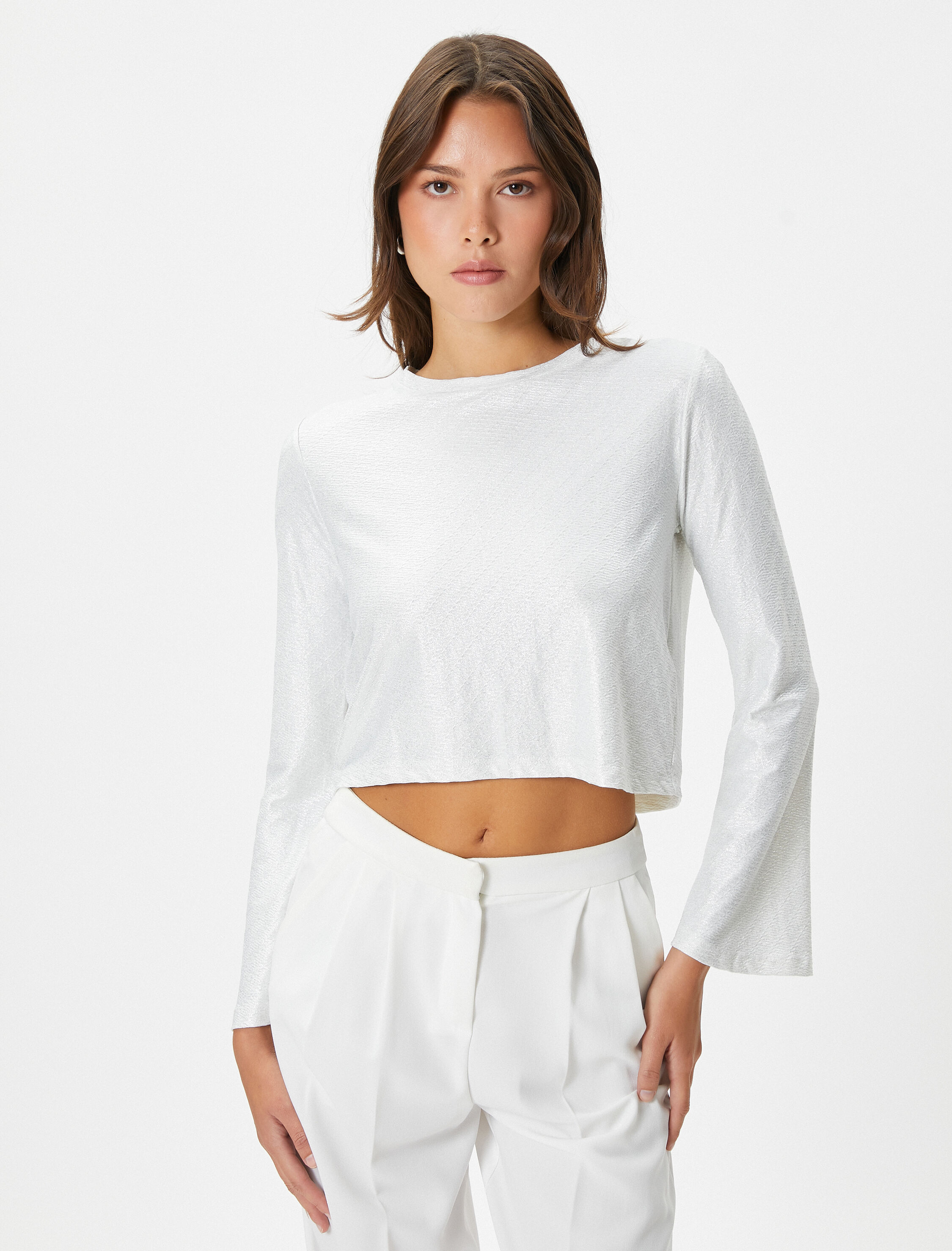   Crop Tişört Dokulu Bisiklet Yaka Metalik İspanyol Kol