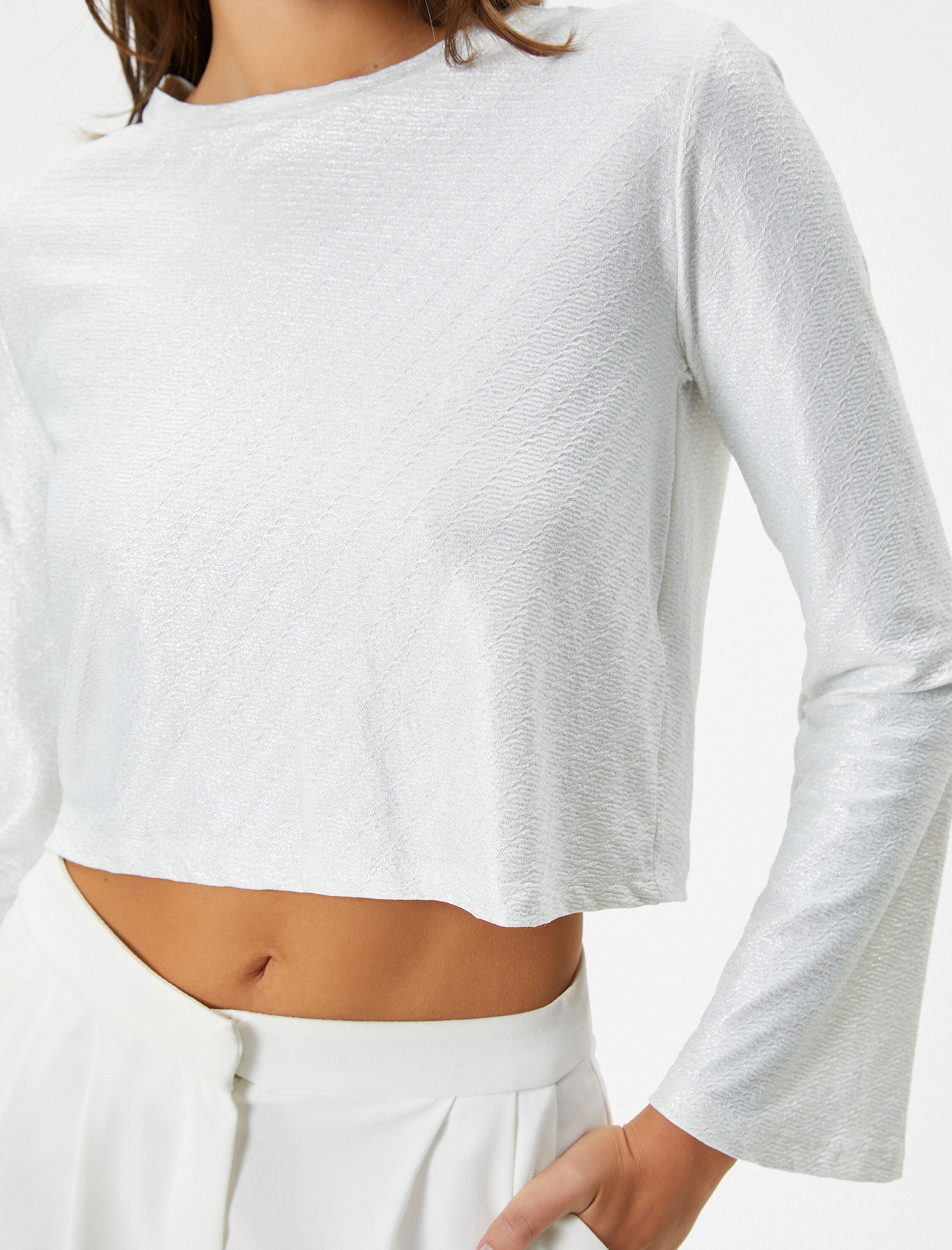   Crop Tişört Dokulu Bisiklet Yaka Metalik İspanyol Kol