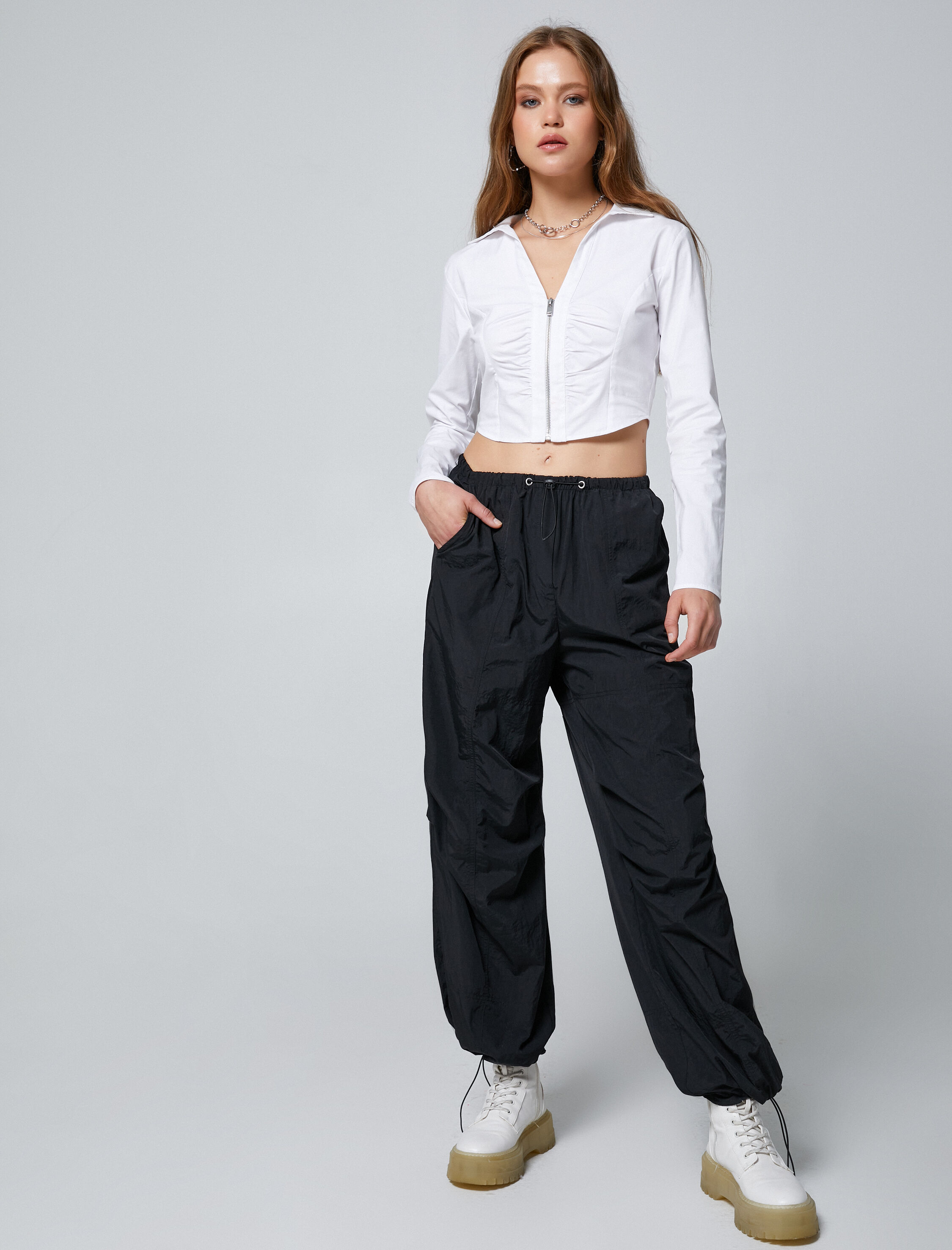   Crop Gömlek Fermuar Detaylı Büzgülü Slim Fit