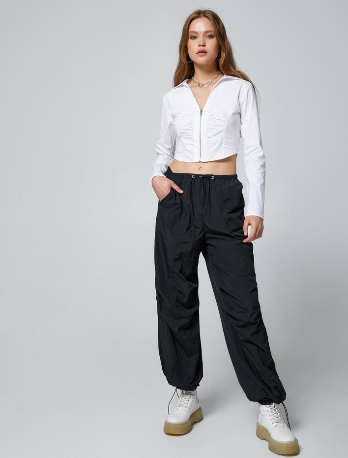  Crop Gömlek Fermuar Detaylı Büzgülü Slim Fit