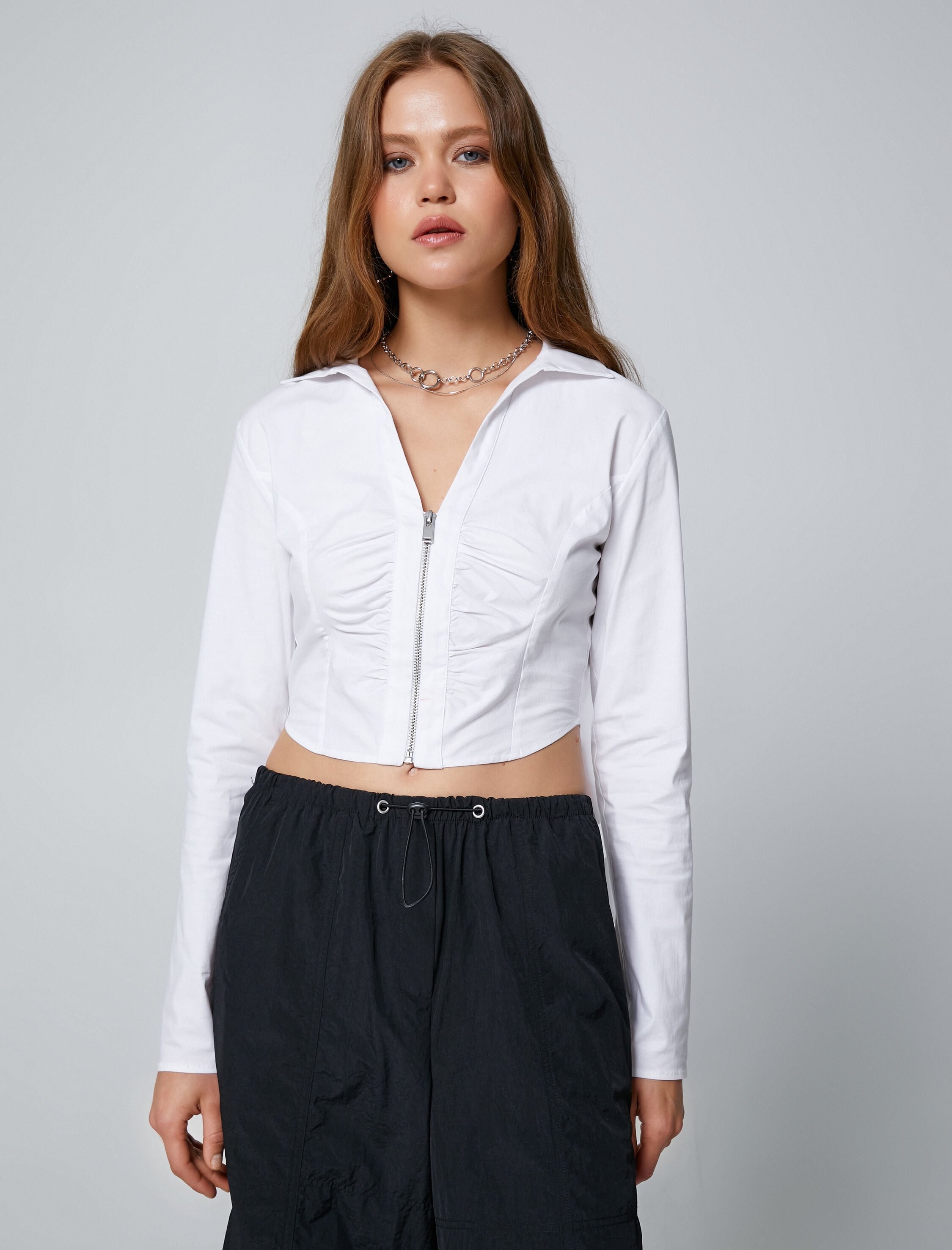   Crop Gömlek Fermuar Detaylı Büzgülü Slim Fit