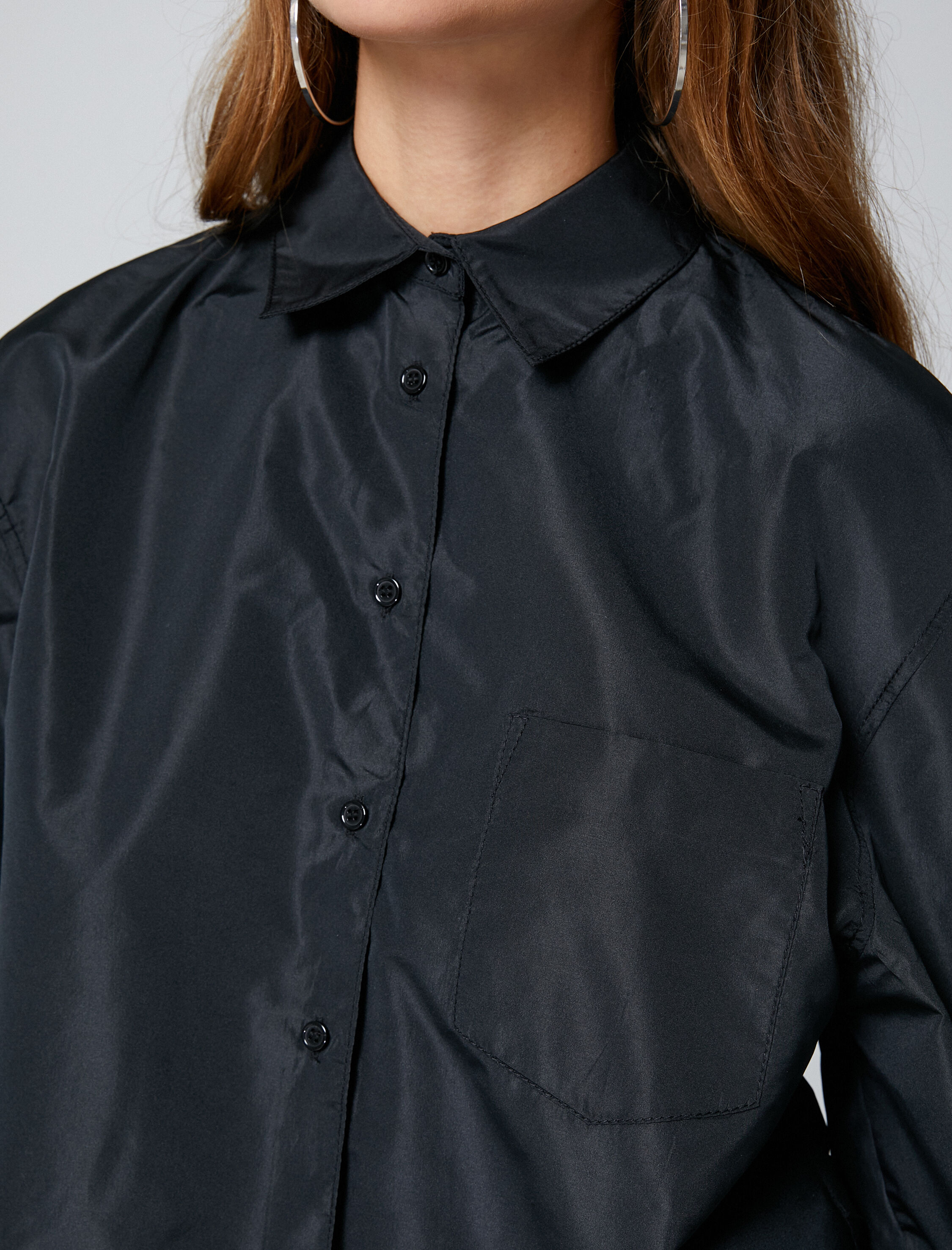   Crop Gömlek Uzun Kollu Cep Detaylı Manşetleri Lastikli