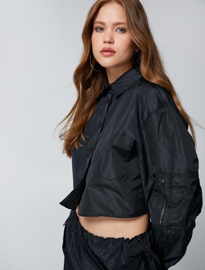  Crop Gömlek Uzun Kollu Cep Detaylı Manşetleri Lastikli