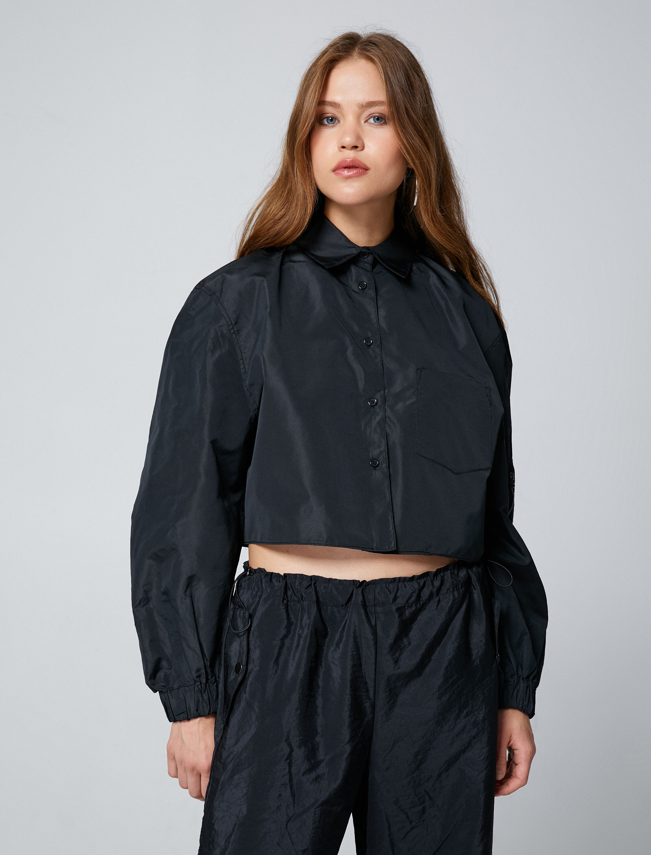   Crop Gömlek Uzun Kollu Cep Detaylı Manşetleri Lastikli