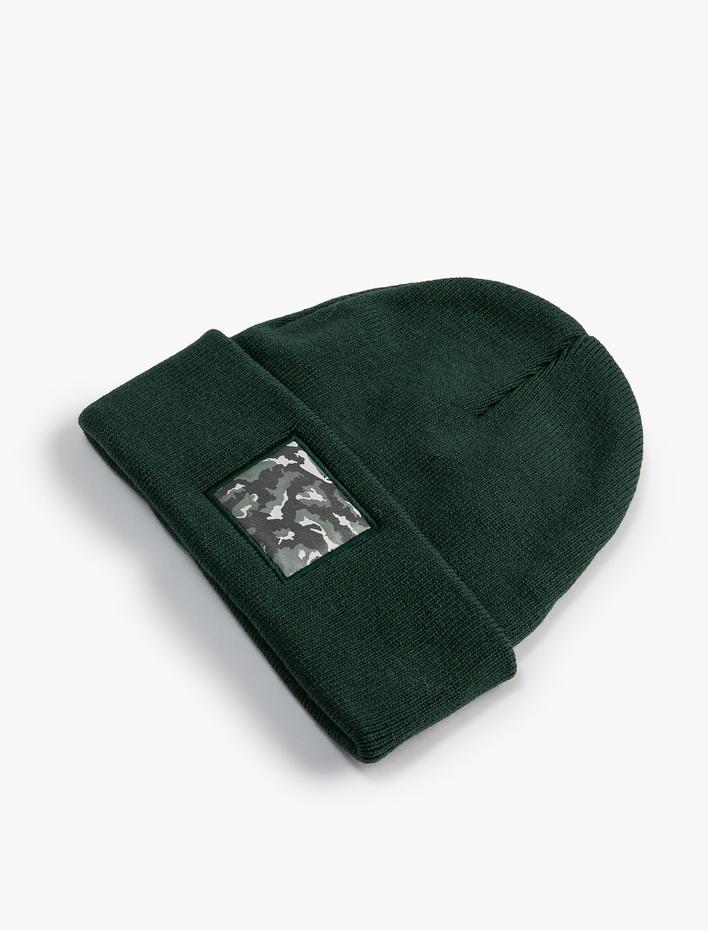 Erkek Örgü Bere Kamuflaj Detaylı Etiket İşlemeli Katlamalı