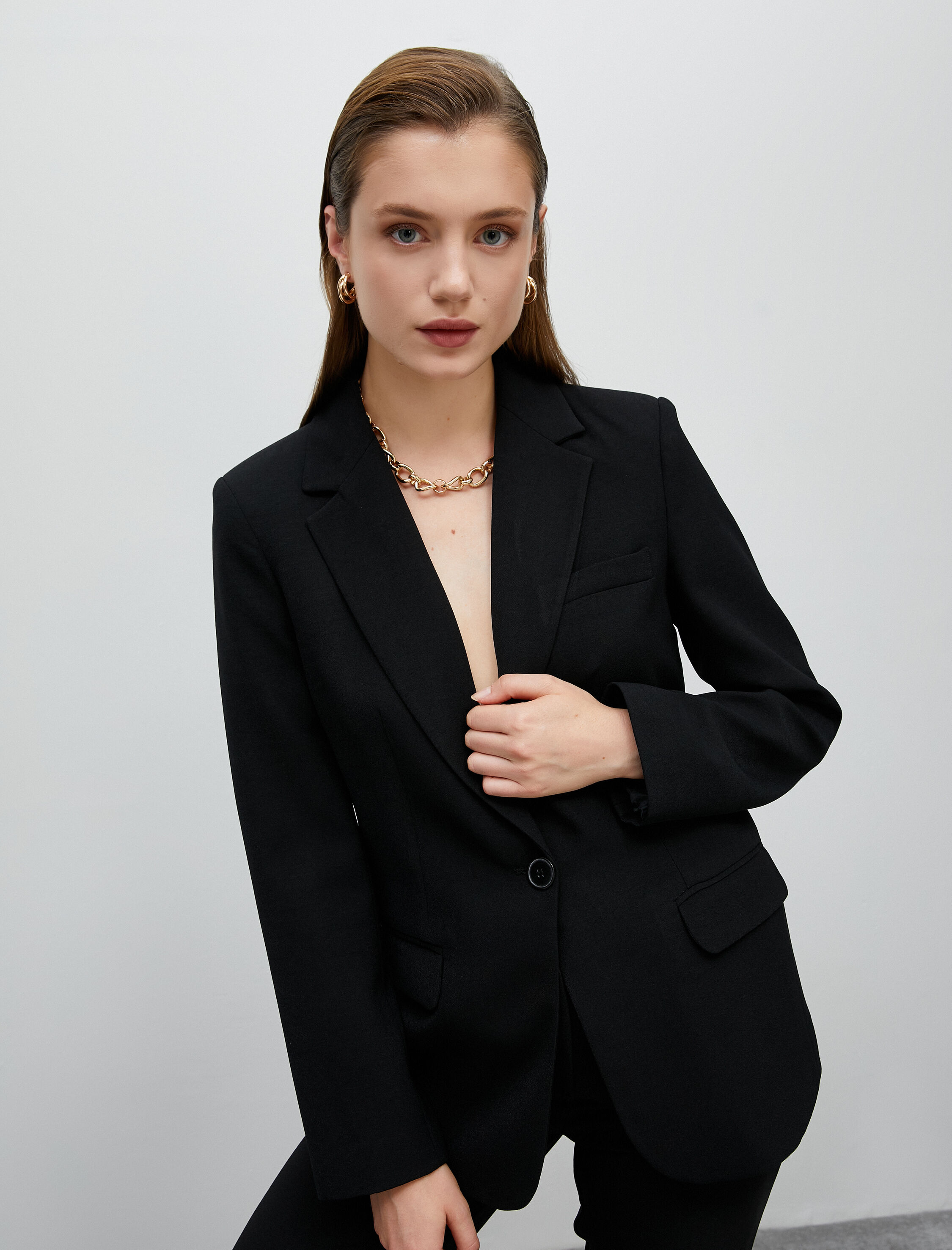   Blazer Ceket Tek Düğmeli Kapaklı Cep Detaylı