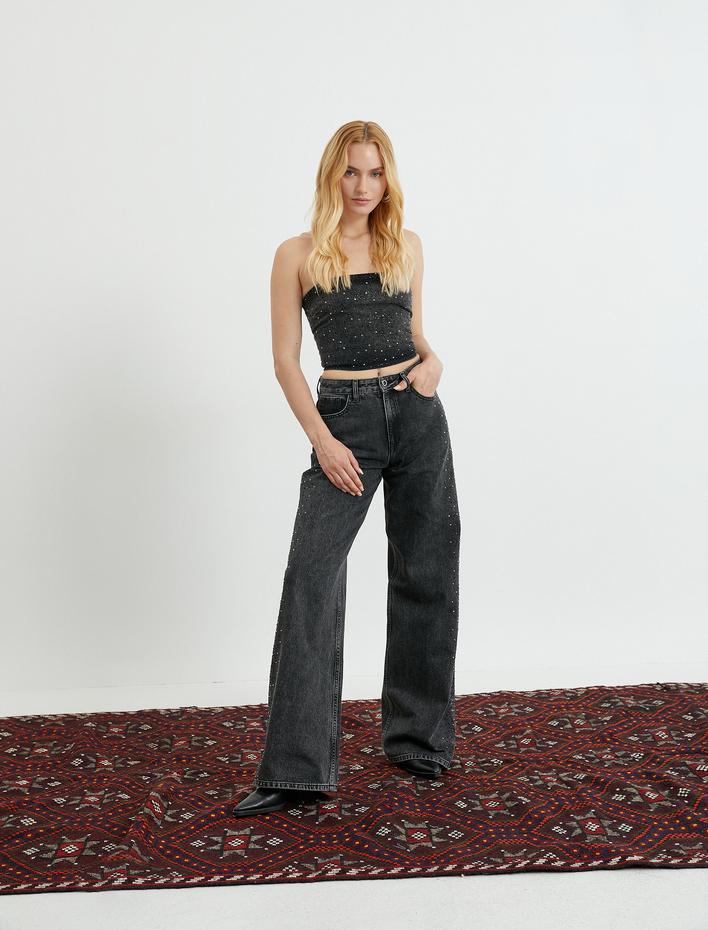  Ekstra Geniş Paça Kot Pantolon Taş İşlemeli - Bianca Jean