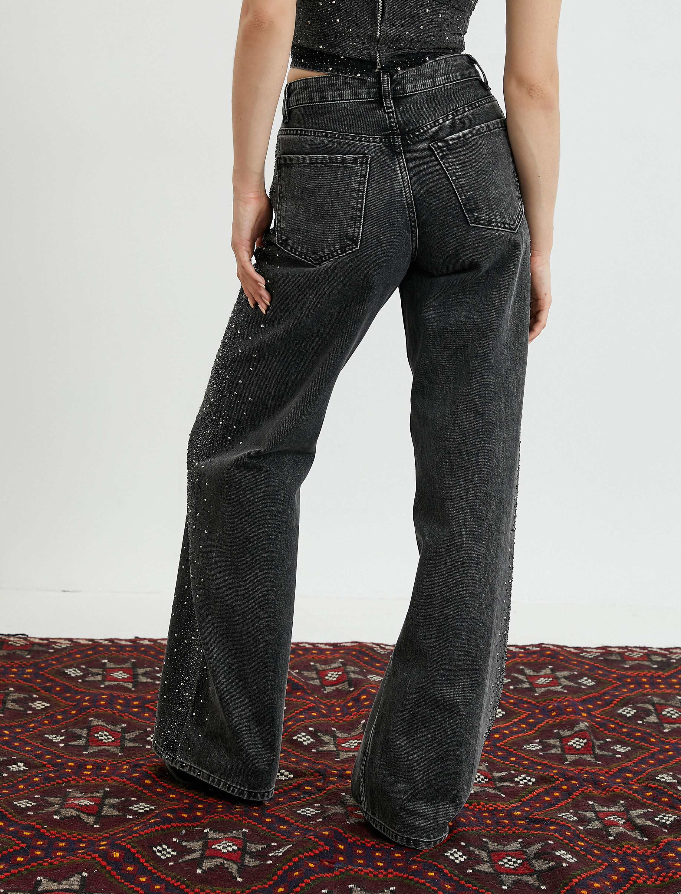   Ekstra Geniş Paça Kot Pantolon Taş İşlemeli - Bianca Jean