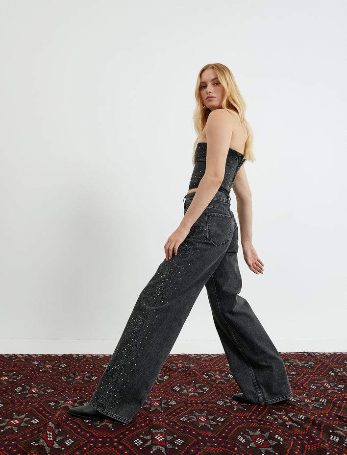  Ekstra Geniş Paça Kot Pantolon Taş İşlemeli - Bianca Jean