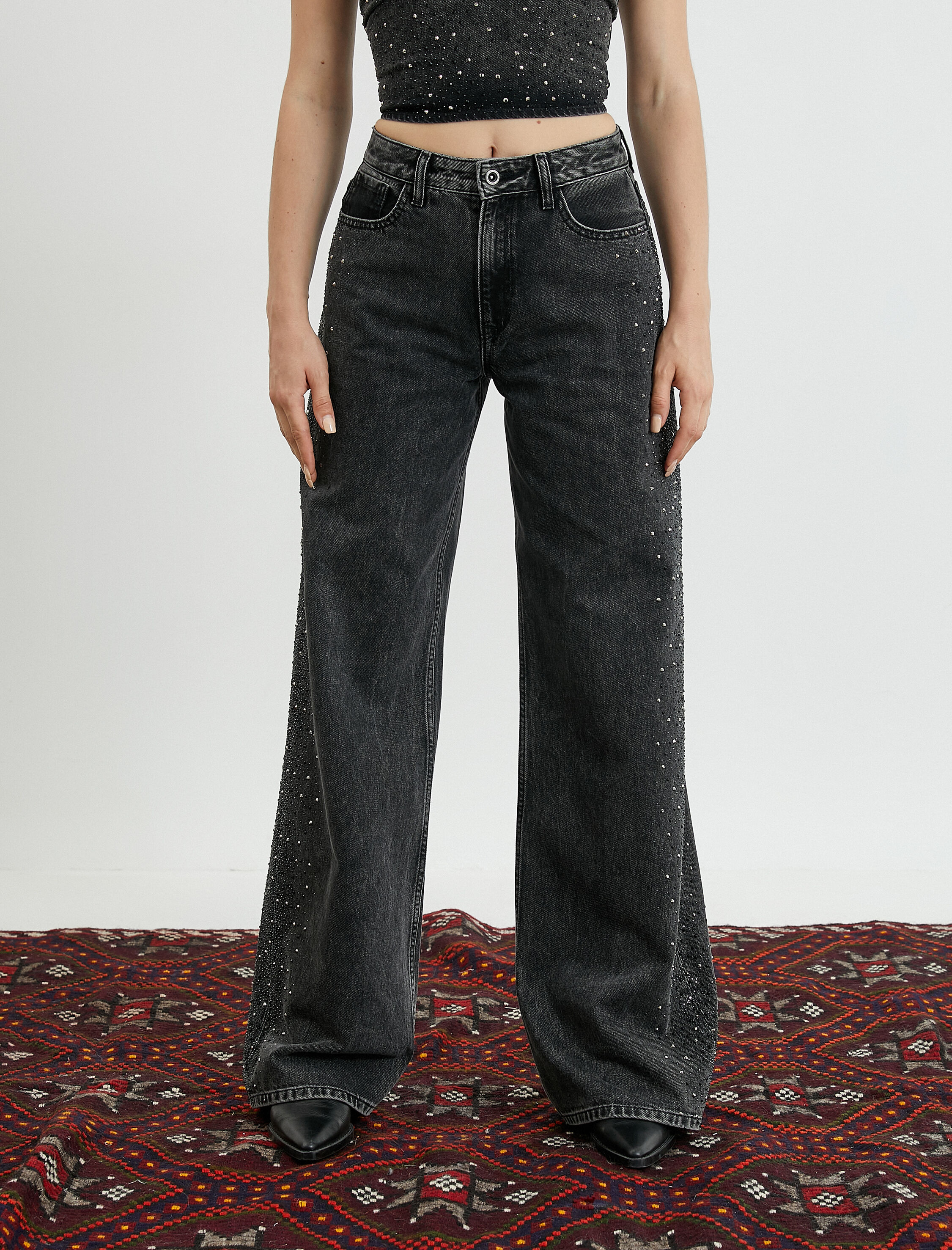   Ekstra Geniş Paça Kot Pantolon Taş İşlemeli - Bianca Jean