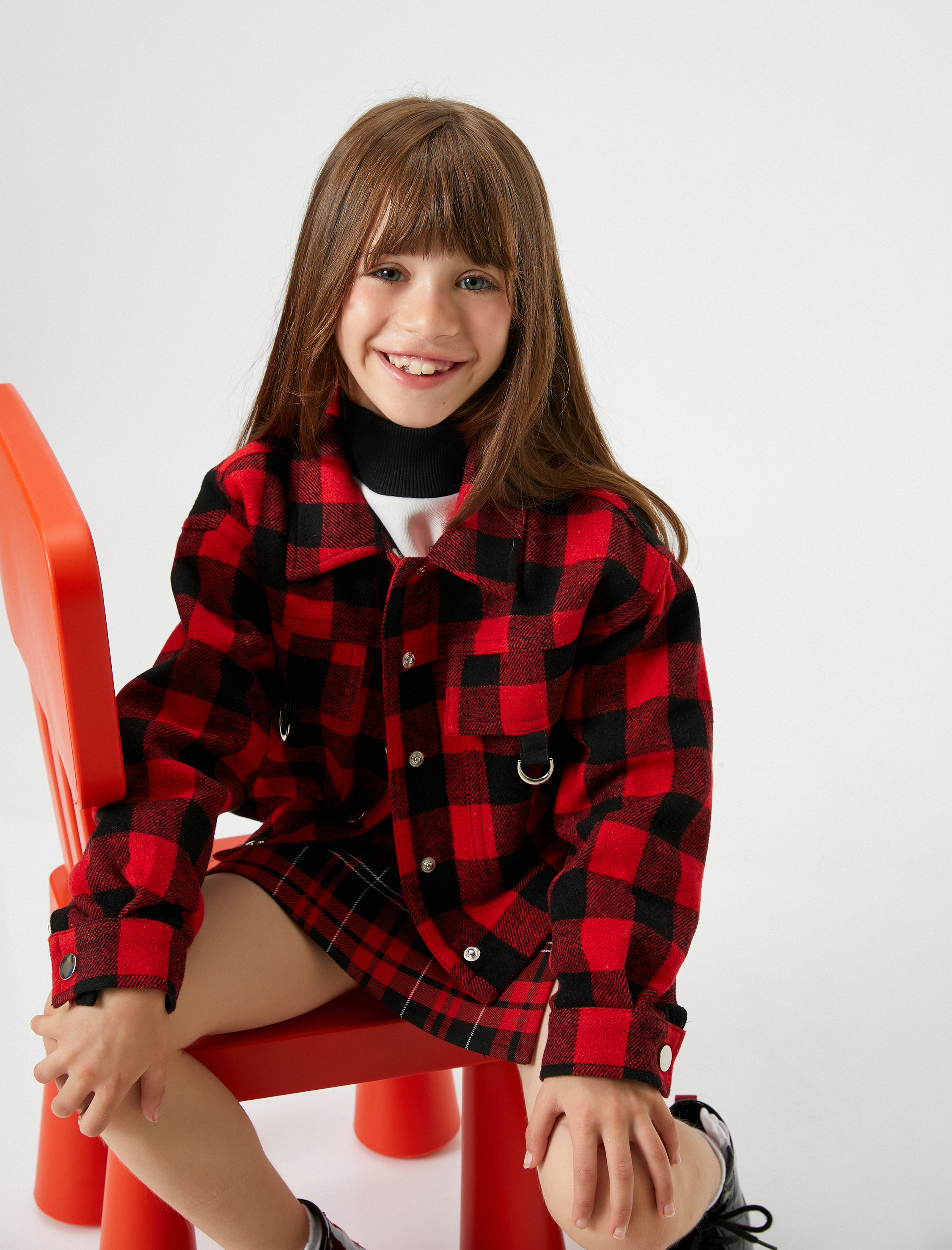  Kız Çocuk Gömlek Ceket Cep Detaylı Uzun Kollu