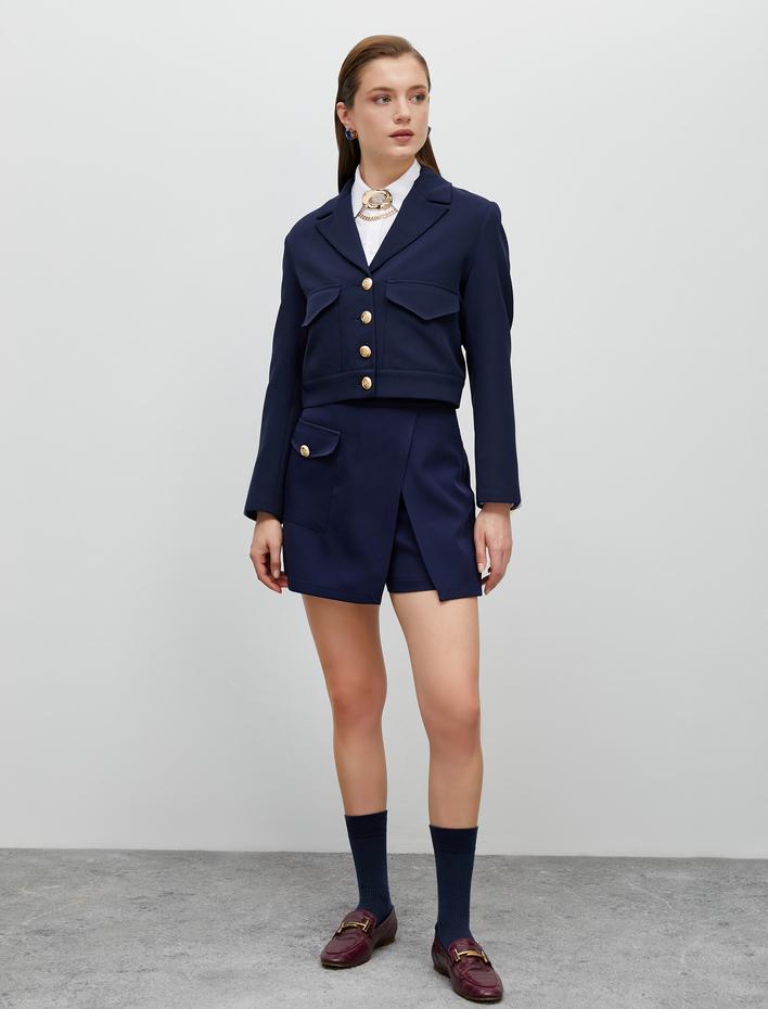  Mini Şort Etek Kapaklı Cepli Gold Düğmeli Fermuarlı