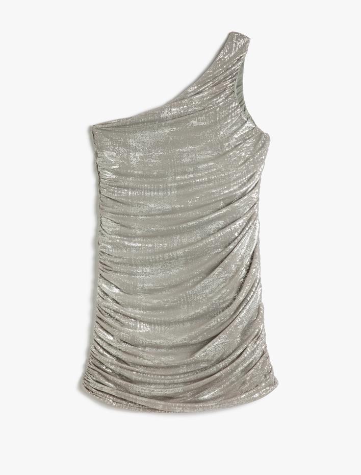  Tek Omuz Elbise Mini Drapeli Metalik Detaylı Slim Fit
