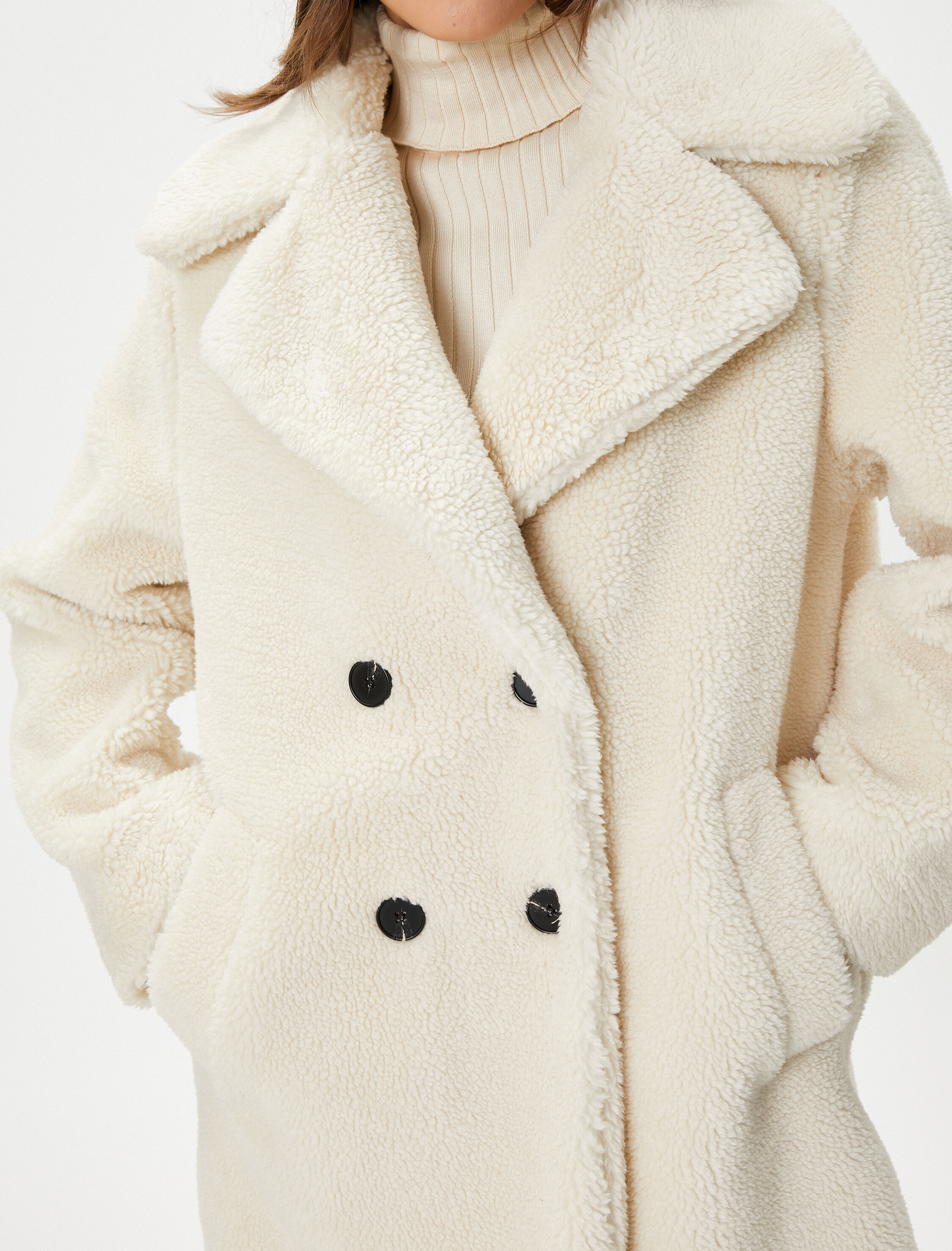 Peluş Mont Kruvaze Düğmeli Cep Detaylı