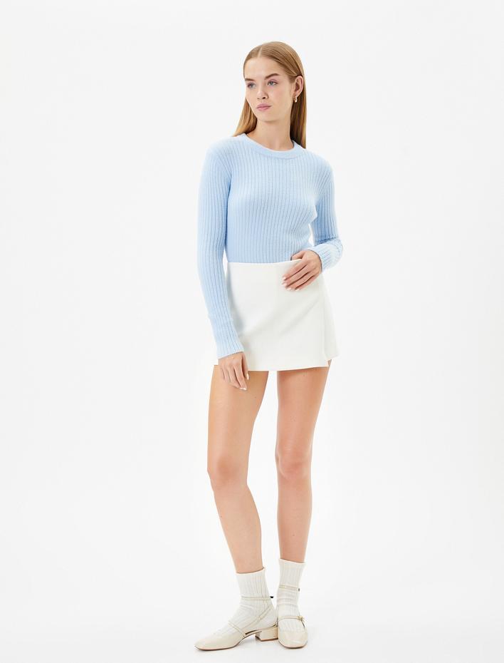  Crop Triko Kazak Bisiklet Yaka Dokullu Fitilli Dar Kesim