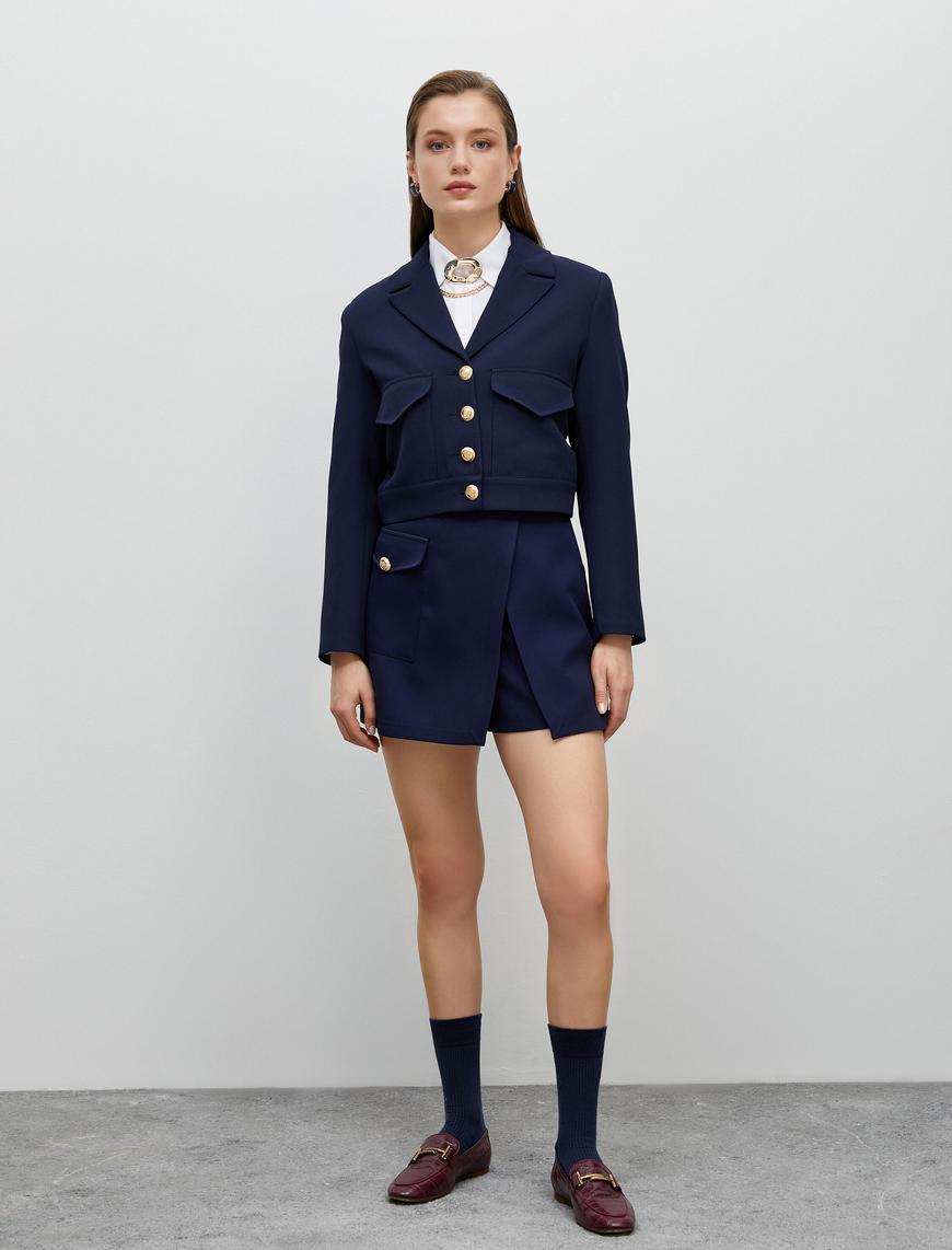   Crop Blazer Ceket Gold Düğmeli Cep Detaylı