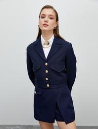 Crop Blazer Ceket Gold Düğmeli Cep Detaylı