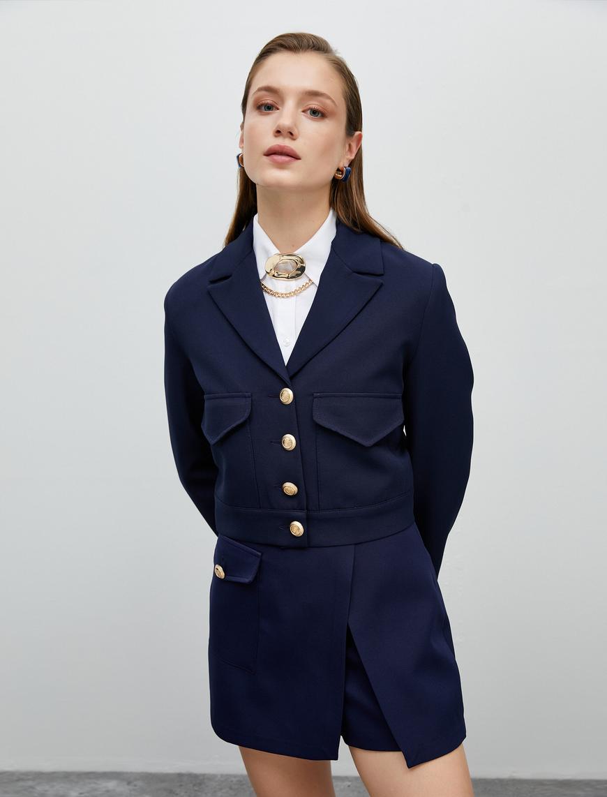  Crop Blazer Ceket Gold Düğmeli Cep Detaylı