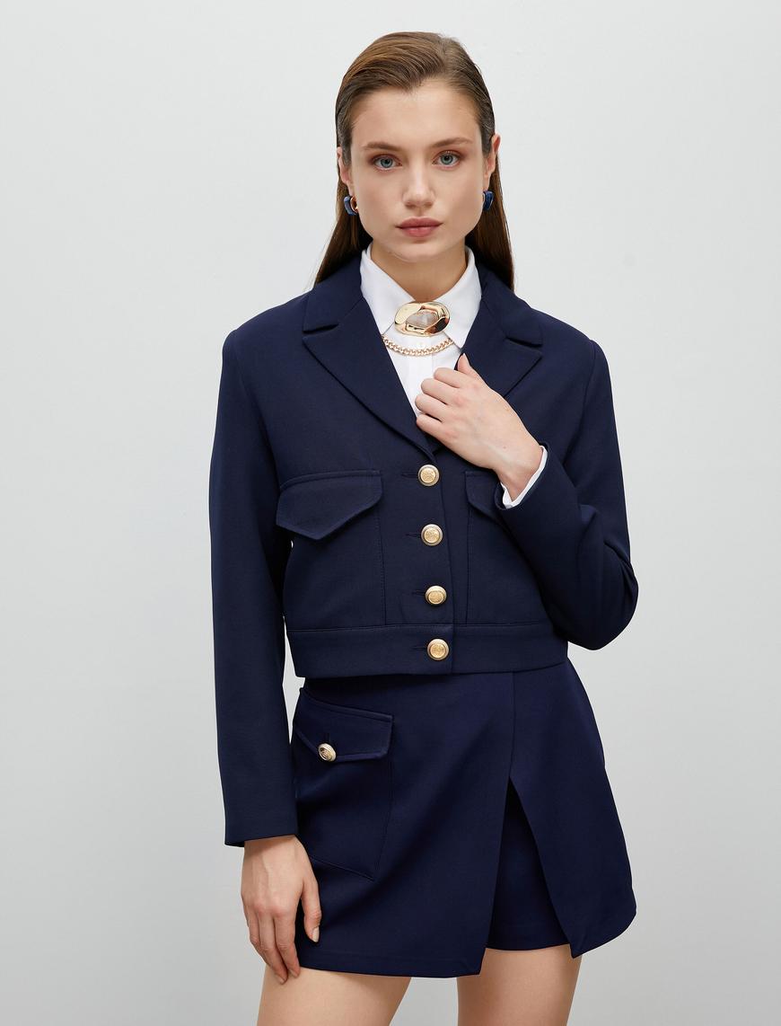   Crop Blazer Ceket Gold Düğmeli Cep Detaylı