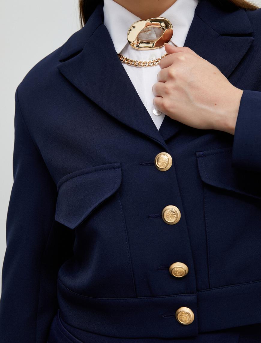   Crop Blazer Ceket Gold Düğmeli Cep Detaylı