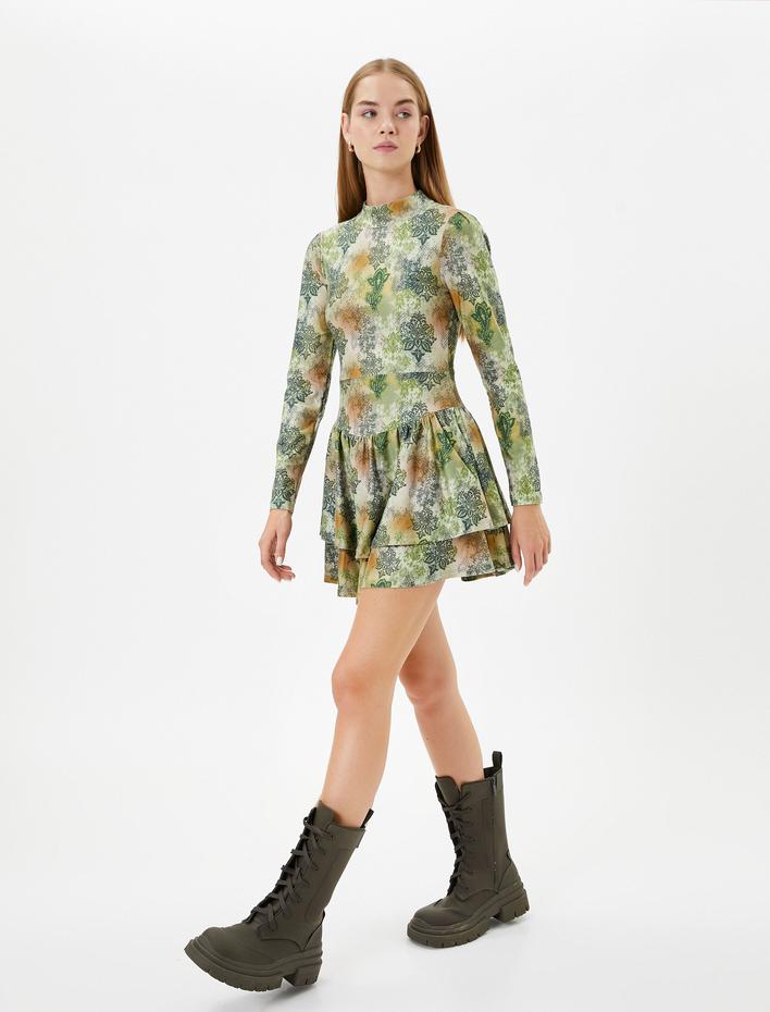  Floral Mini Elbise Uzun Kollu Katlı Dik Yaka