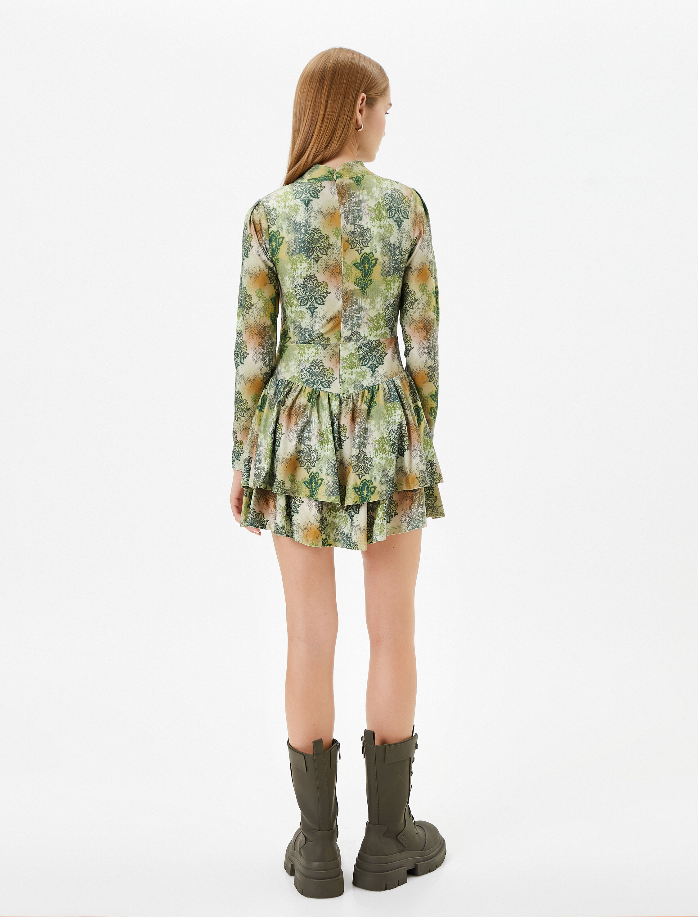   Floral Mini Elbise Uzun Kollu Katlı Dik Yaka