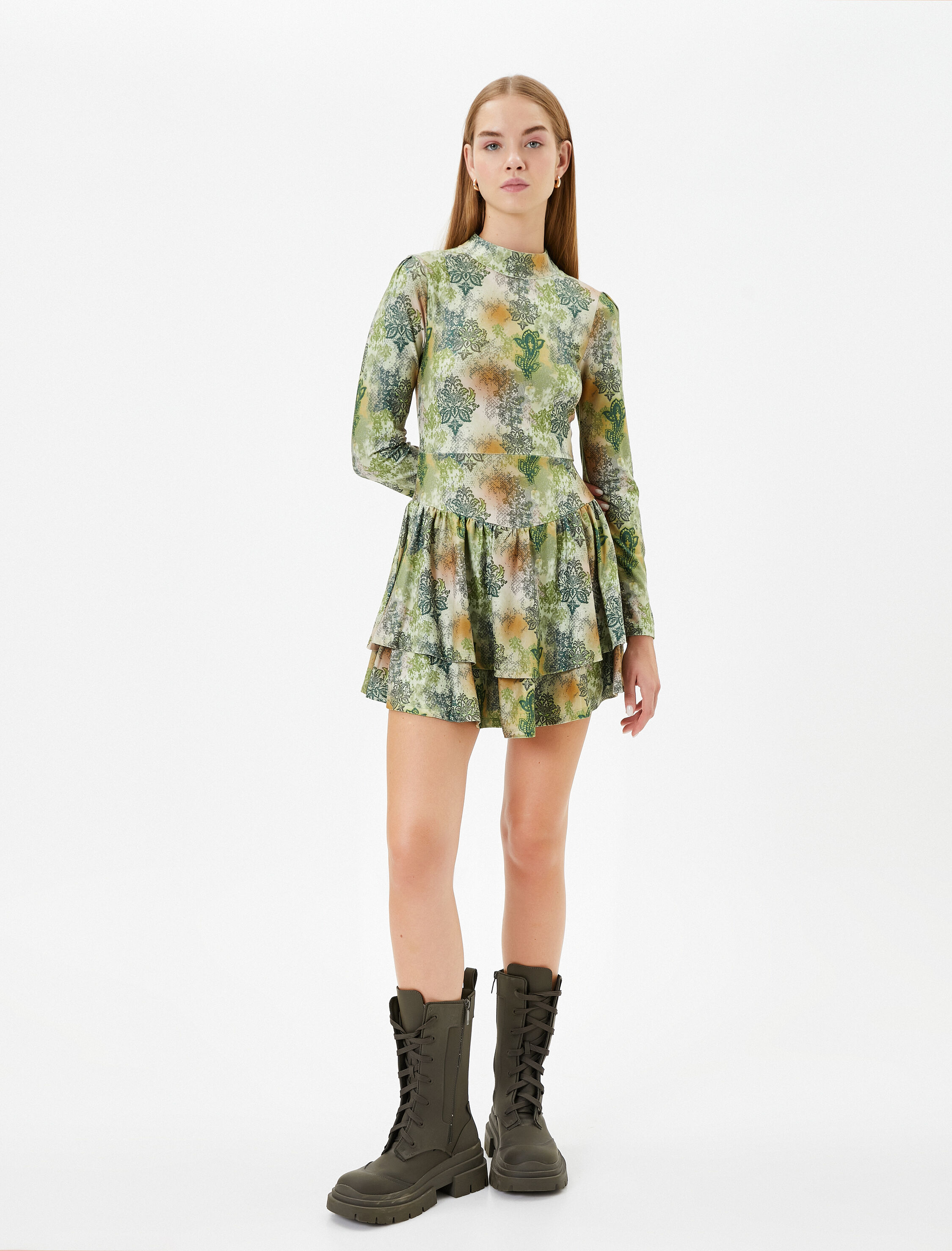   Floral Mini Elbise Uzun Kollu Katlı Dik Yaka