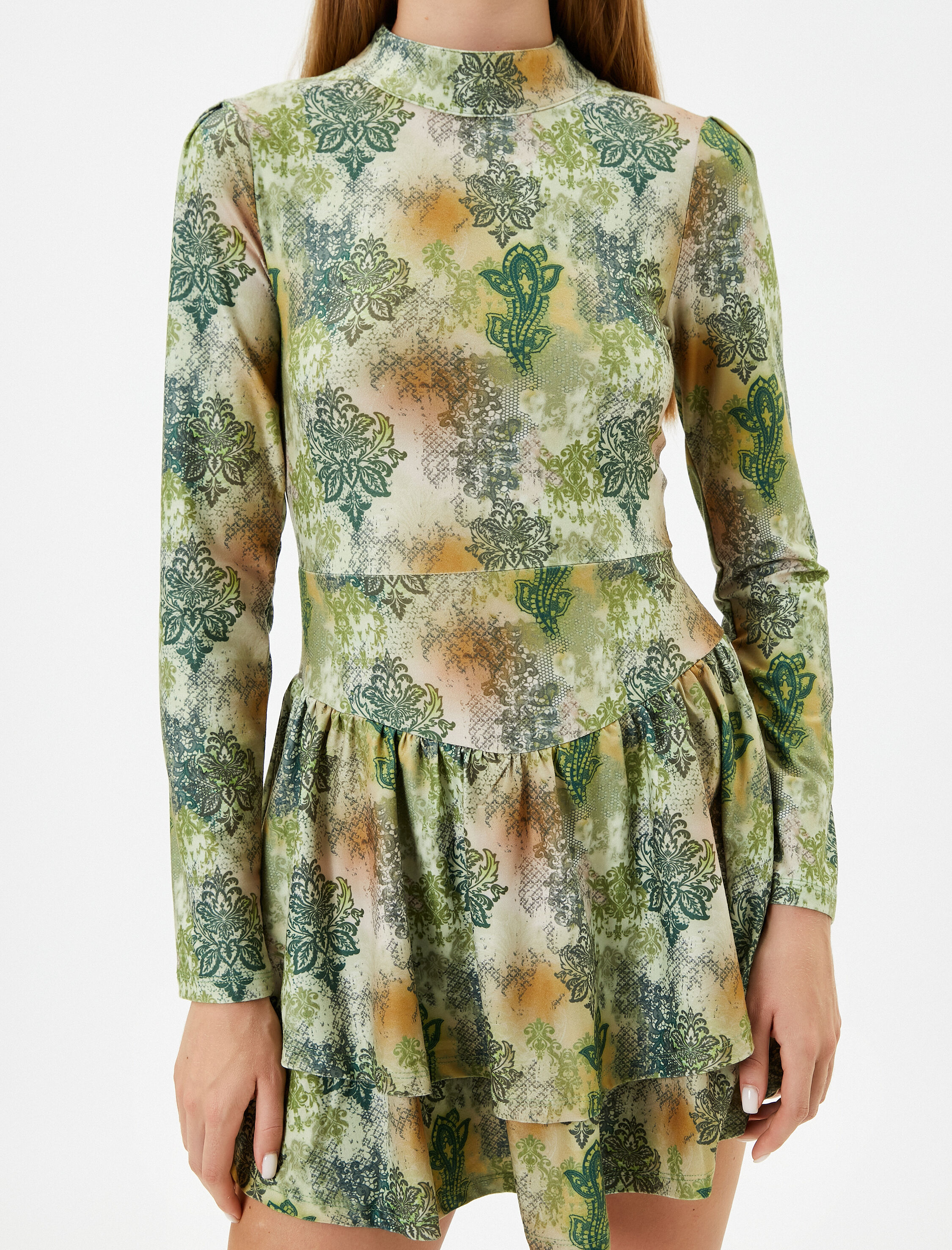   Floral Mini Elbise Uzun Kollu Katlı Dik Yaka