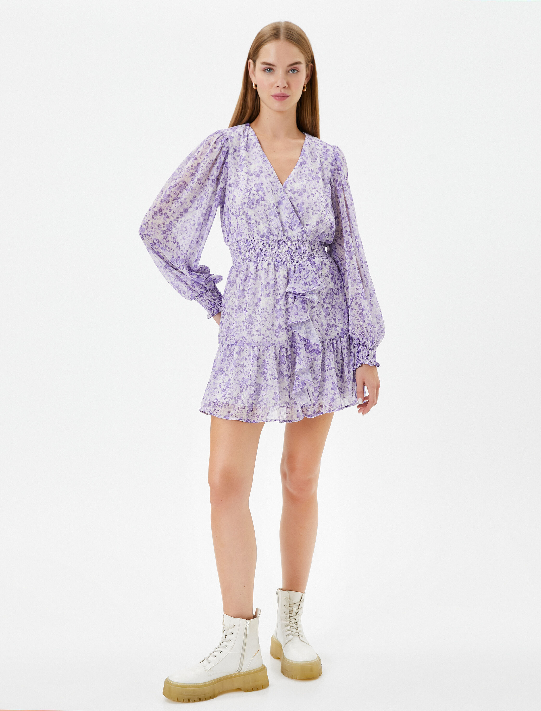   Çiçekli Kruvaze Mini Elbise Tüllü Uzun Balon Kollu Fırfır Detaylı