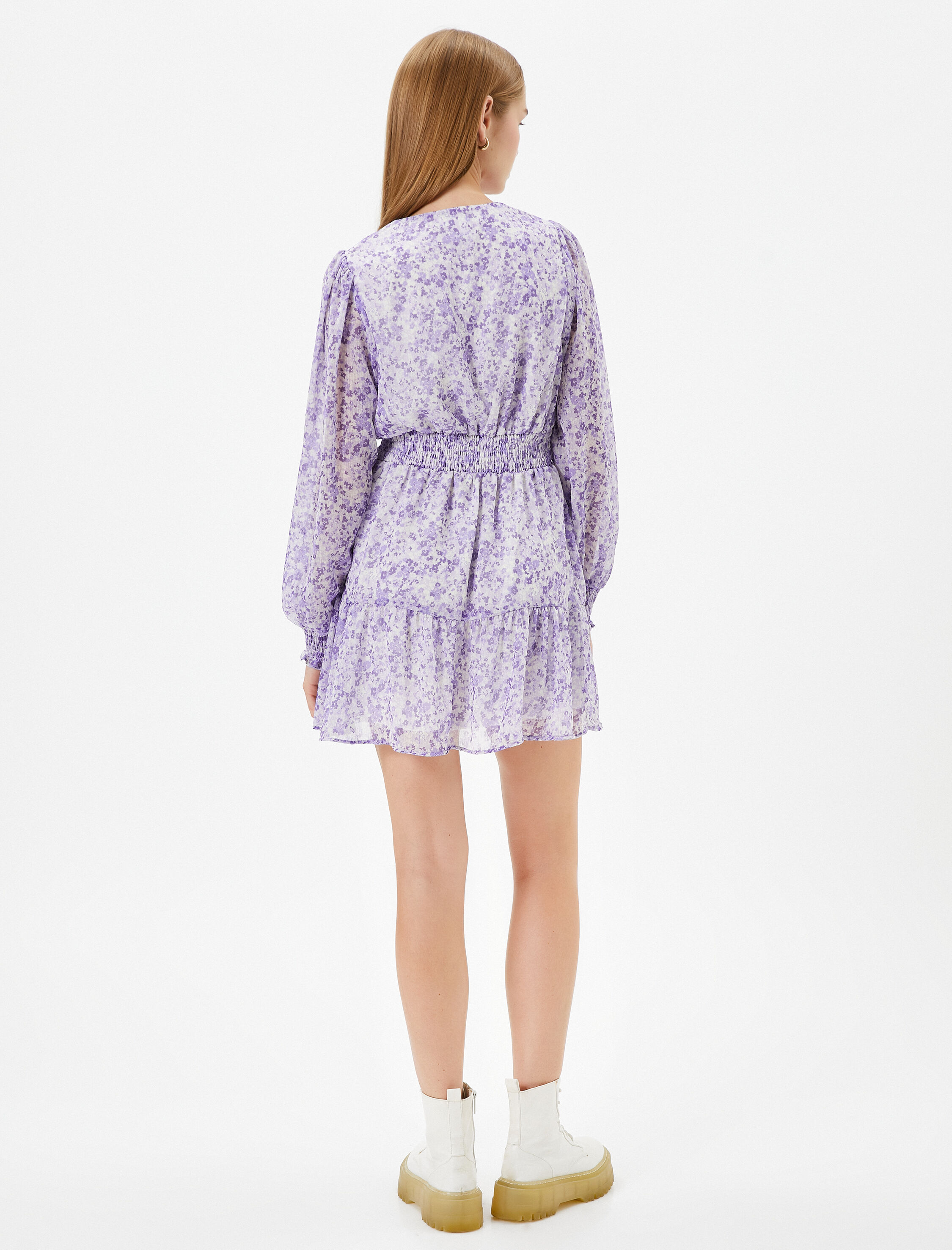   Çiçekli Kruvaze Mini Elbise Tüllü Uzun Balon Kollu Fırfır Detaylı