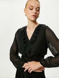 Şifon Crop Bluz Balon Kollu V Yaka Fırfırlı Düğmeli