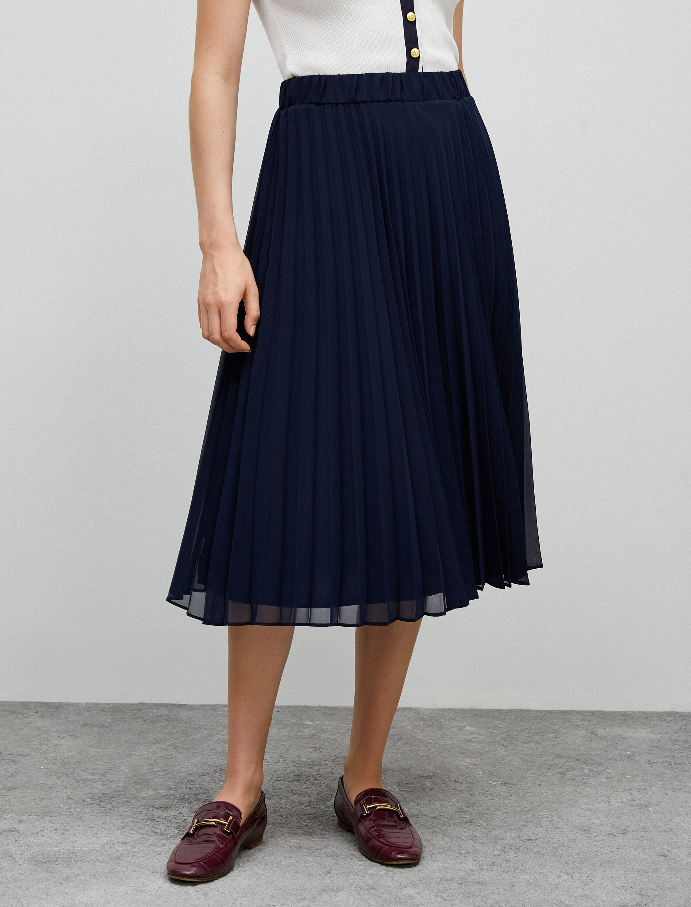   Midi Pileli Etek Lastikli Yüksek Bel Astarlı