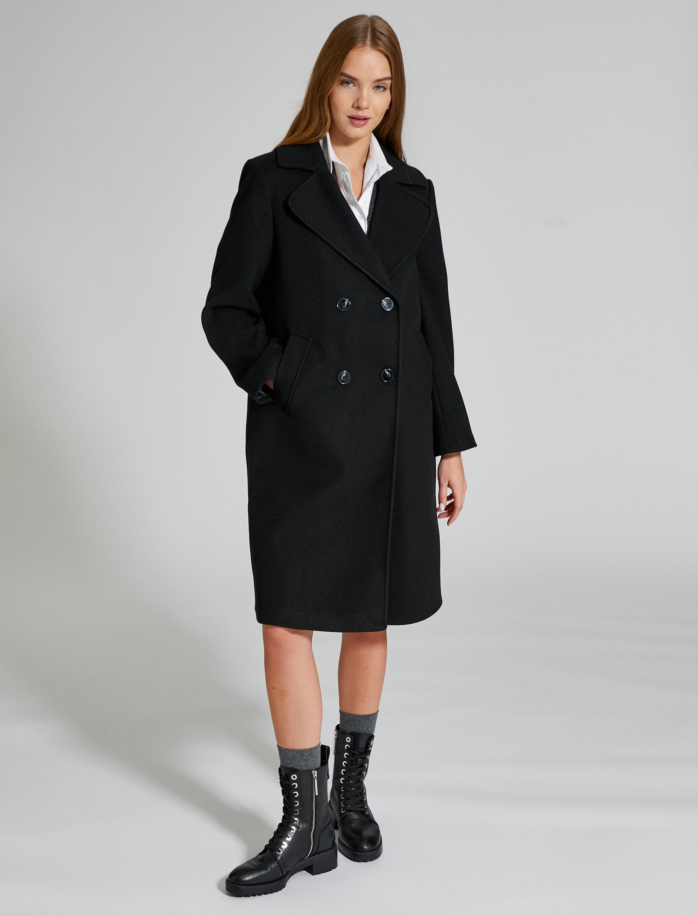   Uzun Oversize Kaşe Kaban Kruvaze Düğmeli Cepli