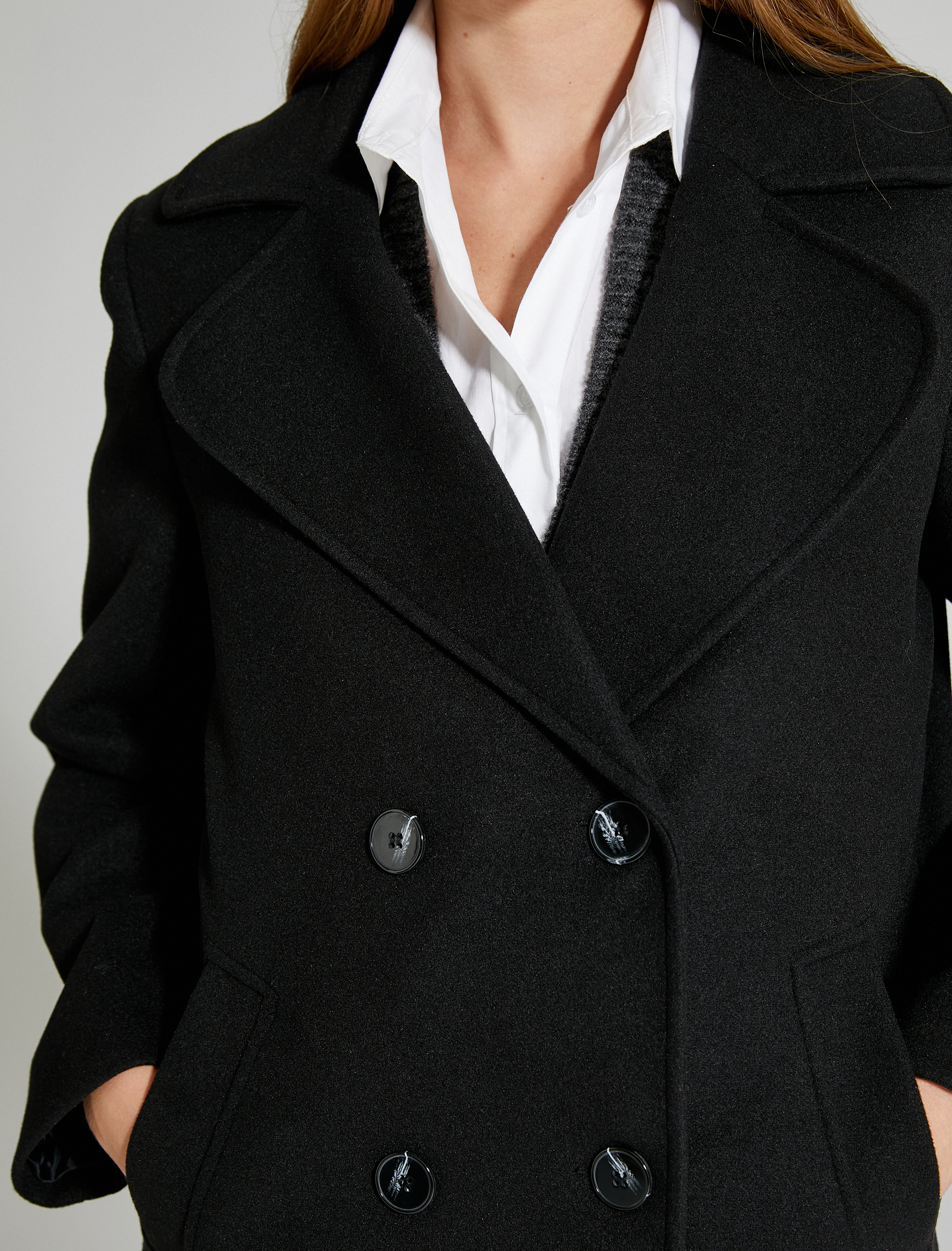   Uzun Oversize Kaşe Kaban Kruvaze Düğmeli Cepli