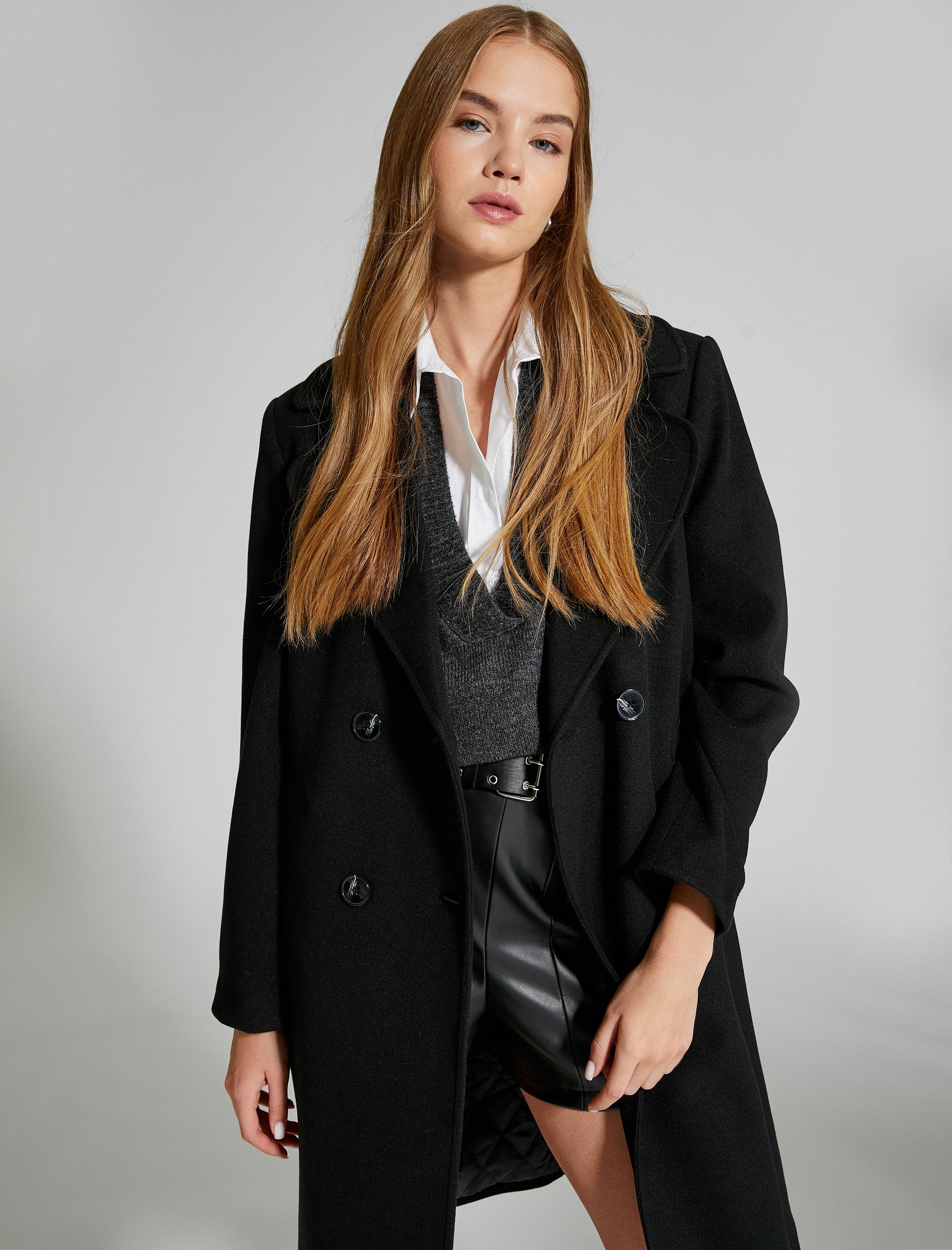   Uzun Oversize Kaşe Kaban Kruvaze Düğmeli Cepli