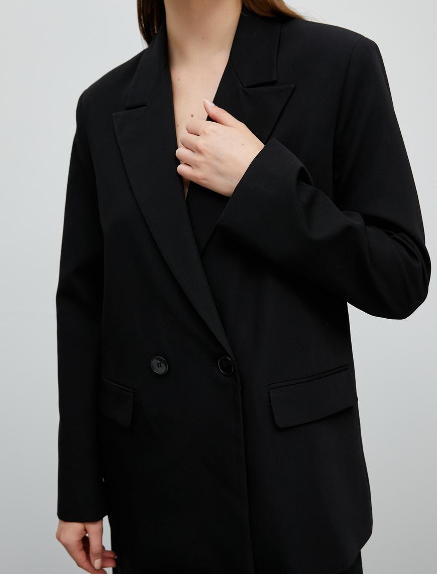   Oversize Blazer Ceket Kruvaze Çift Düğmeli Cepli